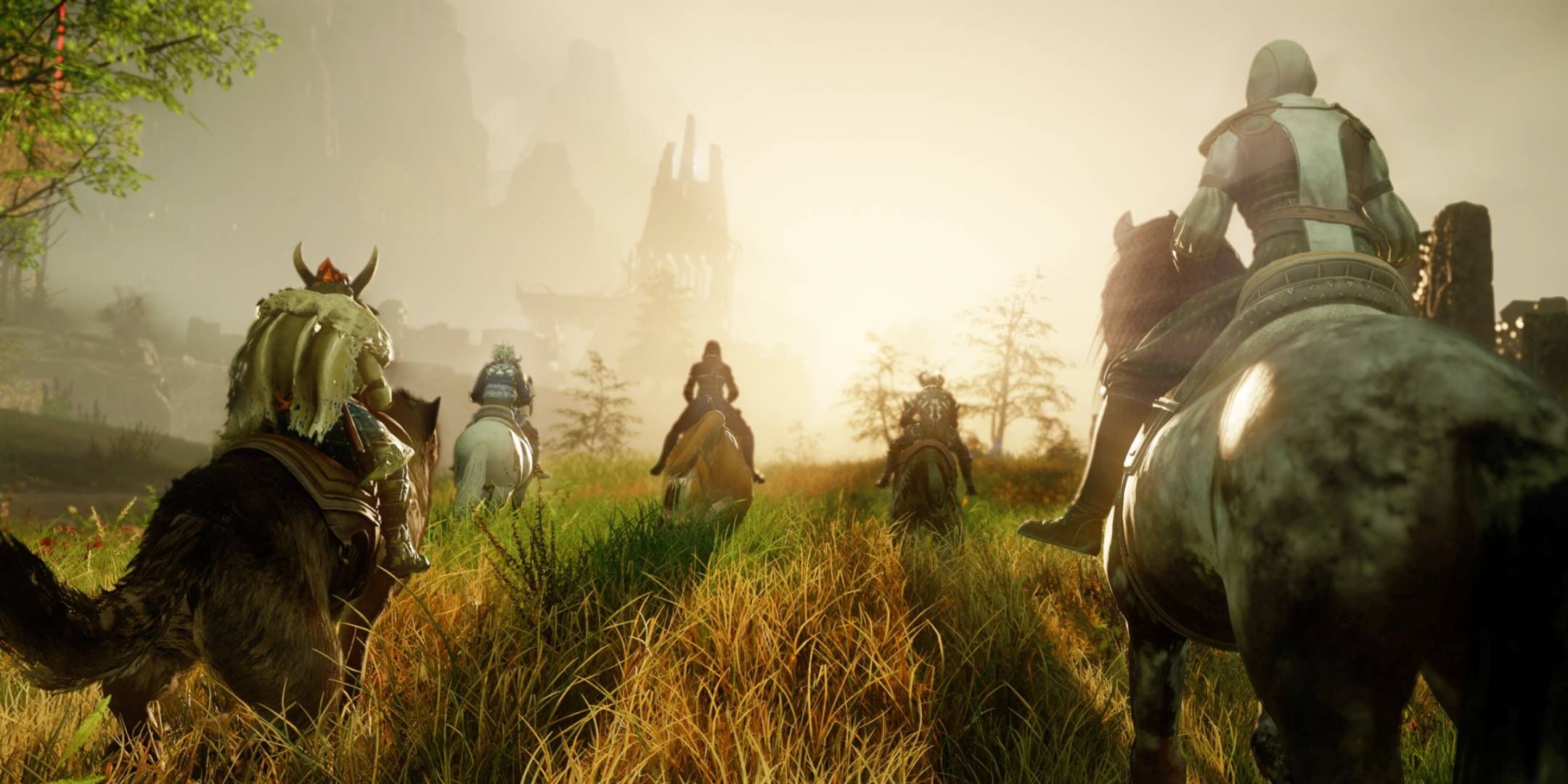 New World Aeternum, players ride horses through a field.