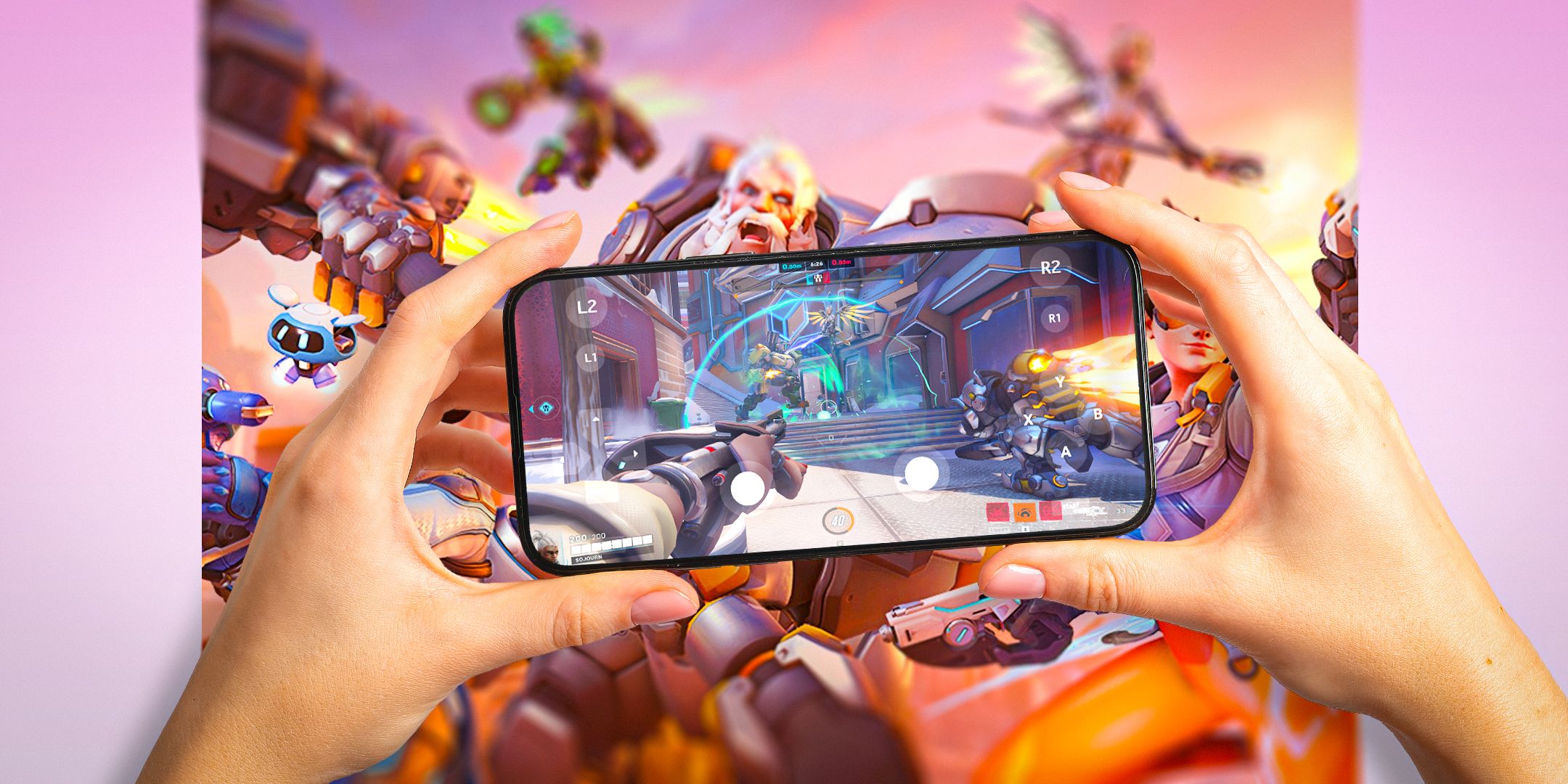 Overwatch 2 mobile mocked up on a smartphone screen