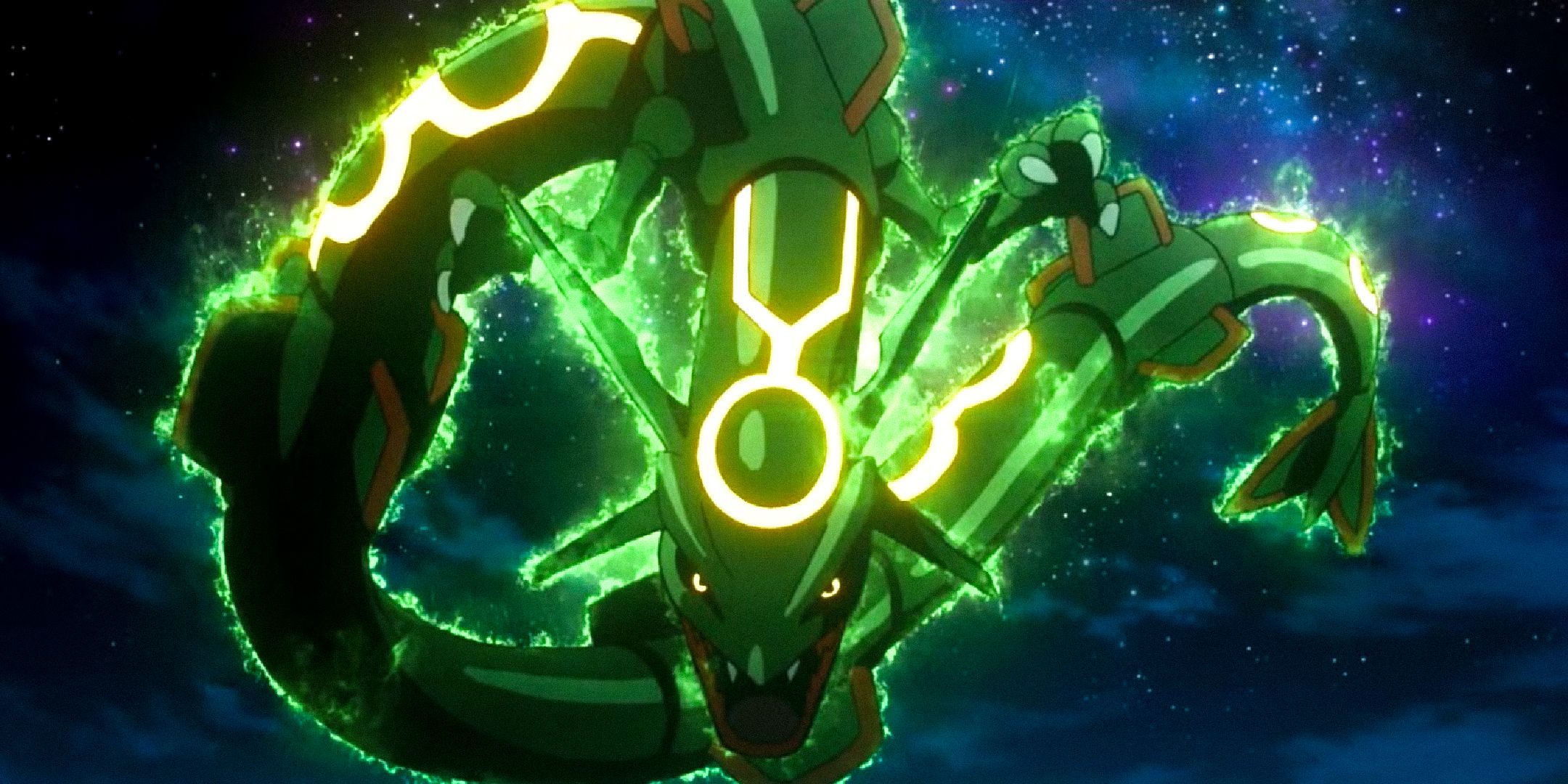 Pokemon Rayquaza glowing green in space