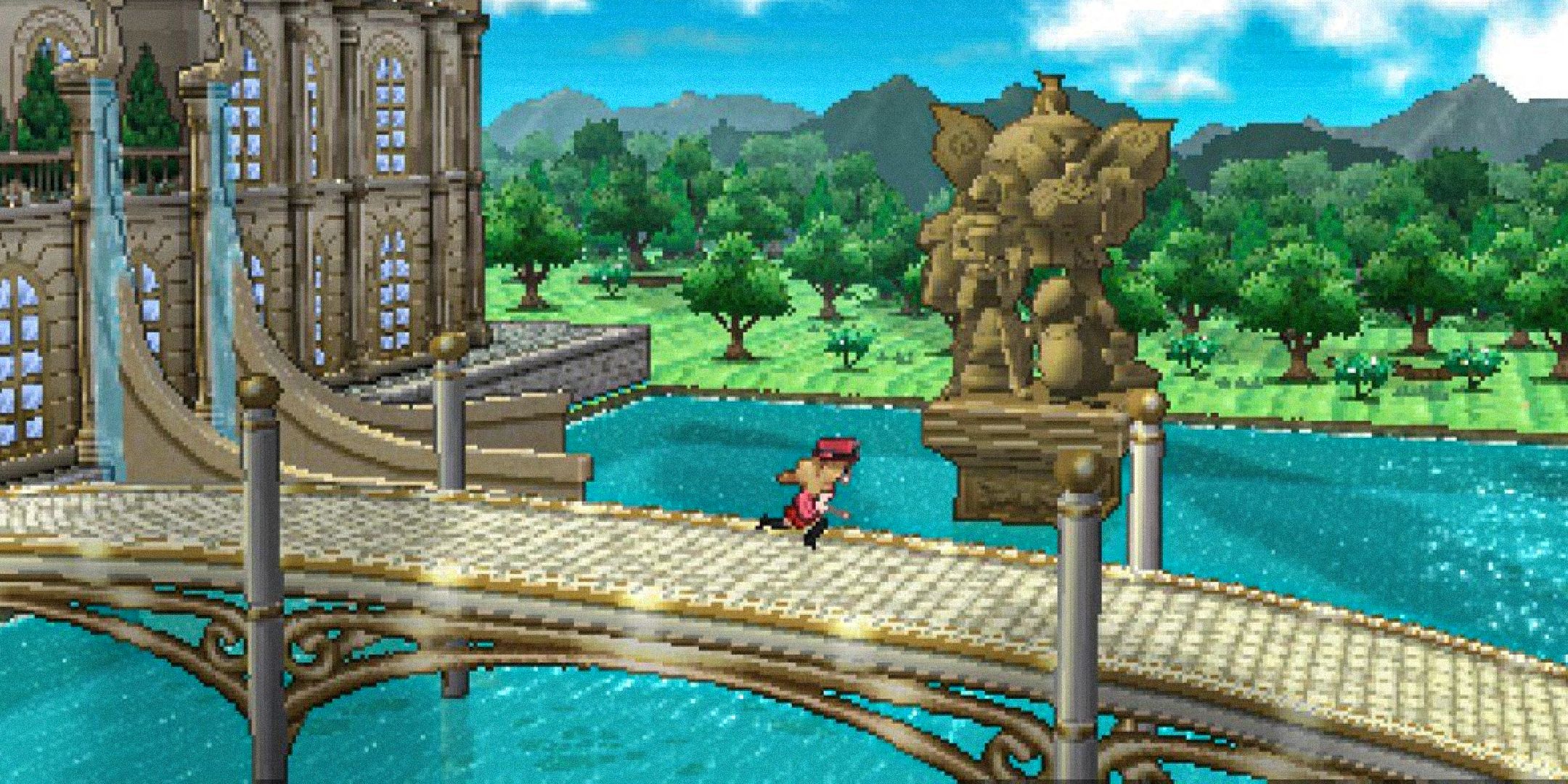 Pokemon X character running over a lavish bridge over water