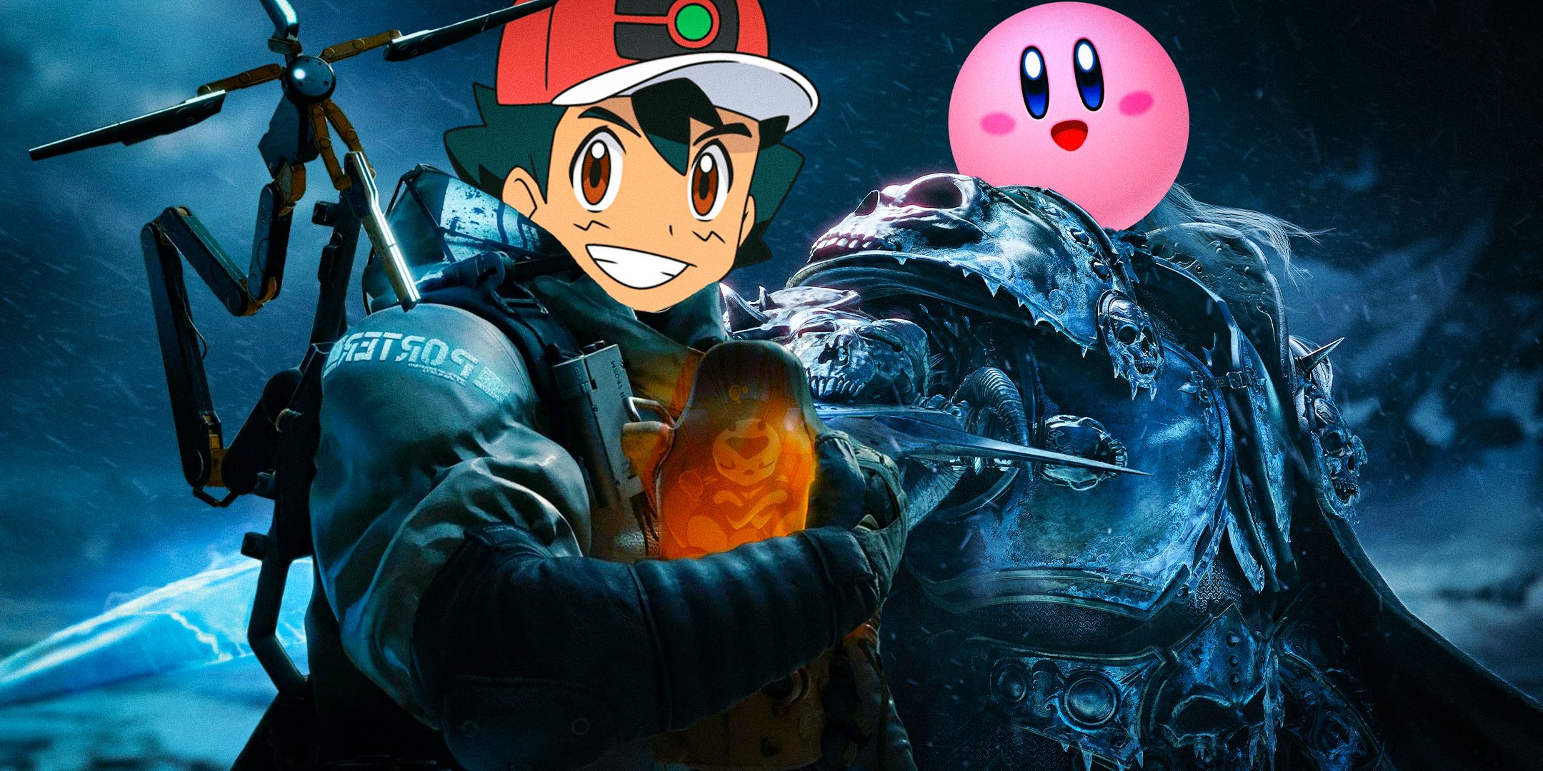 An image of Ash Ketchum's head on Sam Bredges' body, and Kirby on Litch King's body