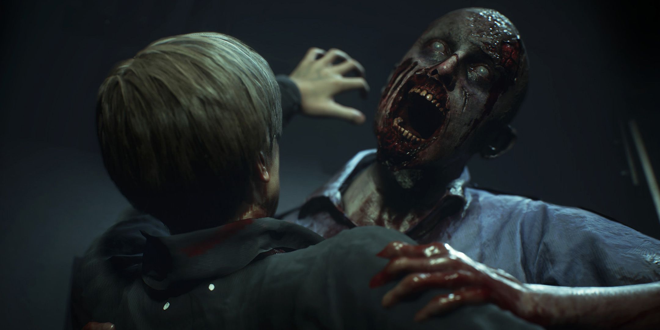 Leon Kennedy getting grabbed by a zombie from Resident Evil 2 Remake.