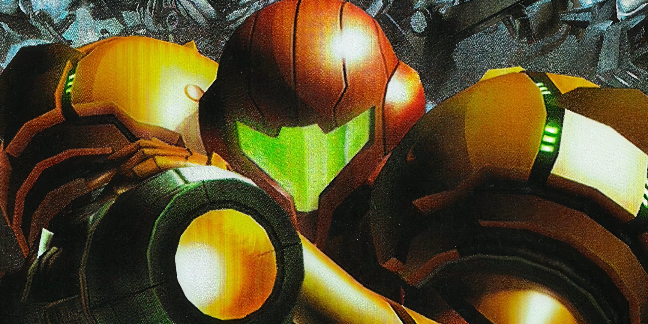 Samus pointing her blaster towards the camera in Metroid Prime Hunters.