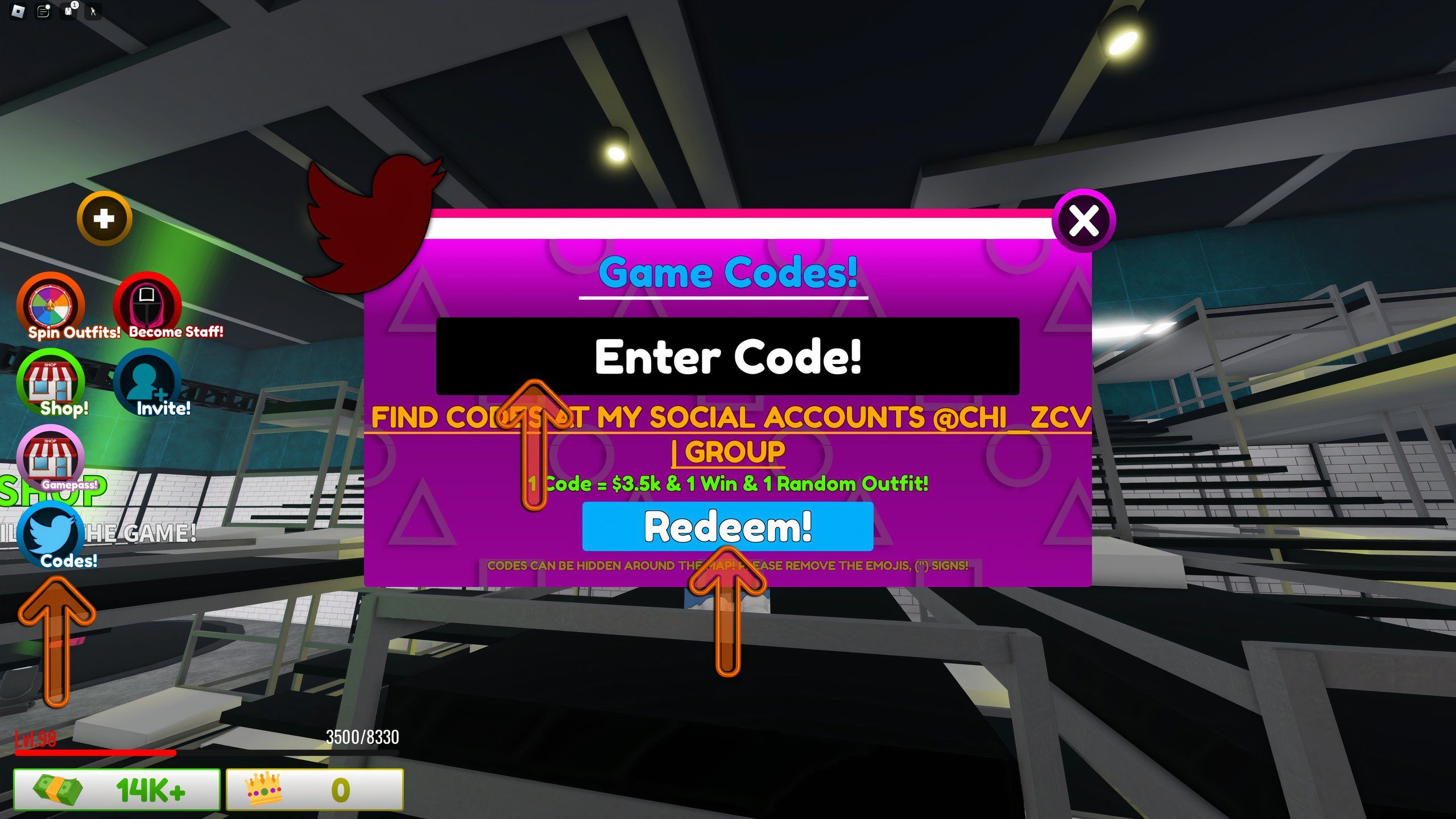 the codes box in Squid Game O on Roblox