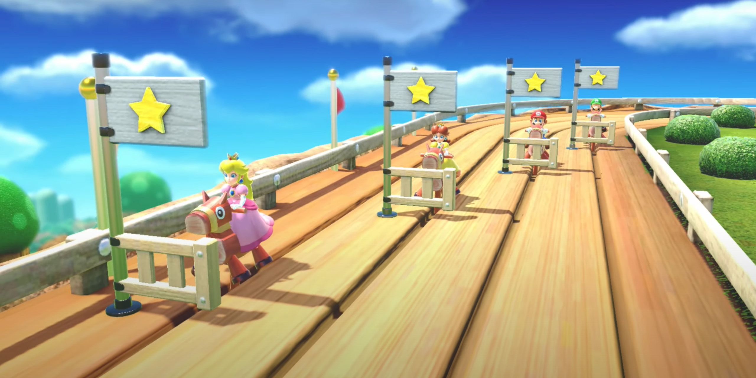 هلو، دیزی، ماریو و لوئیجی سوار بر اسب در مینی بازی Rockin' Raceway از Mario Party Superstars.