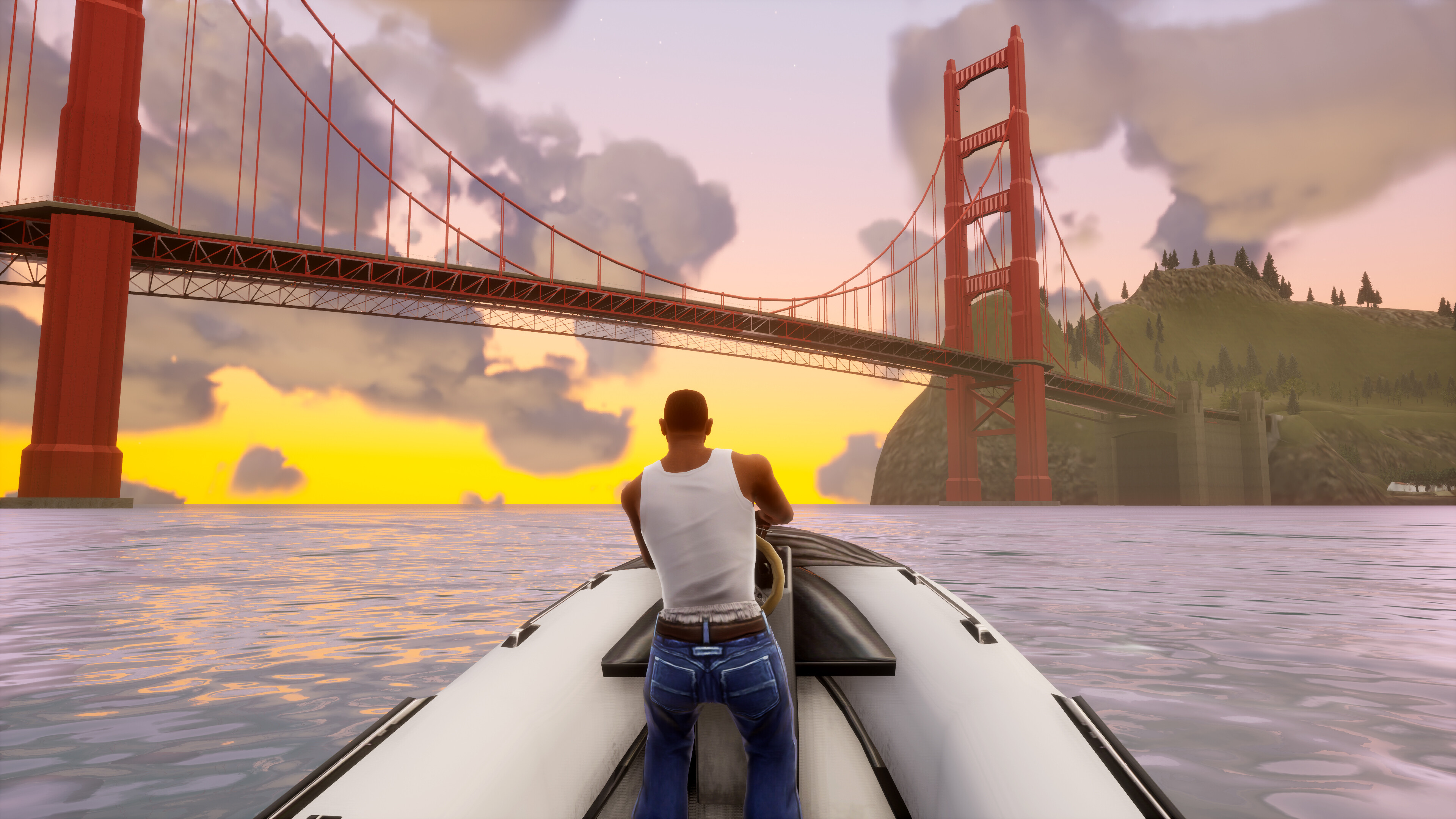 CJ driving a boat in Grand Theft Auto: San Andreas.