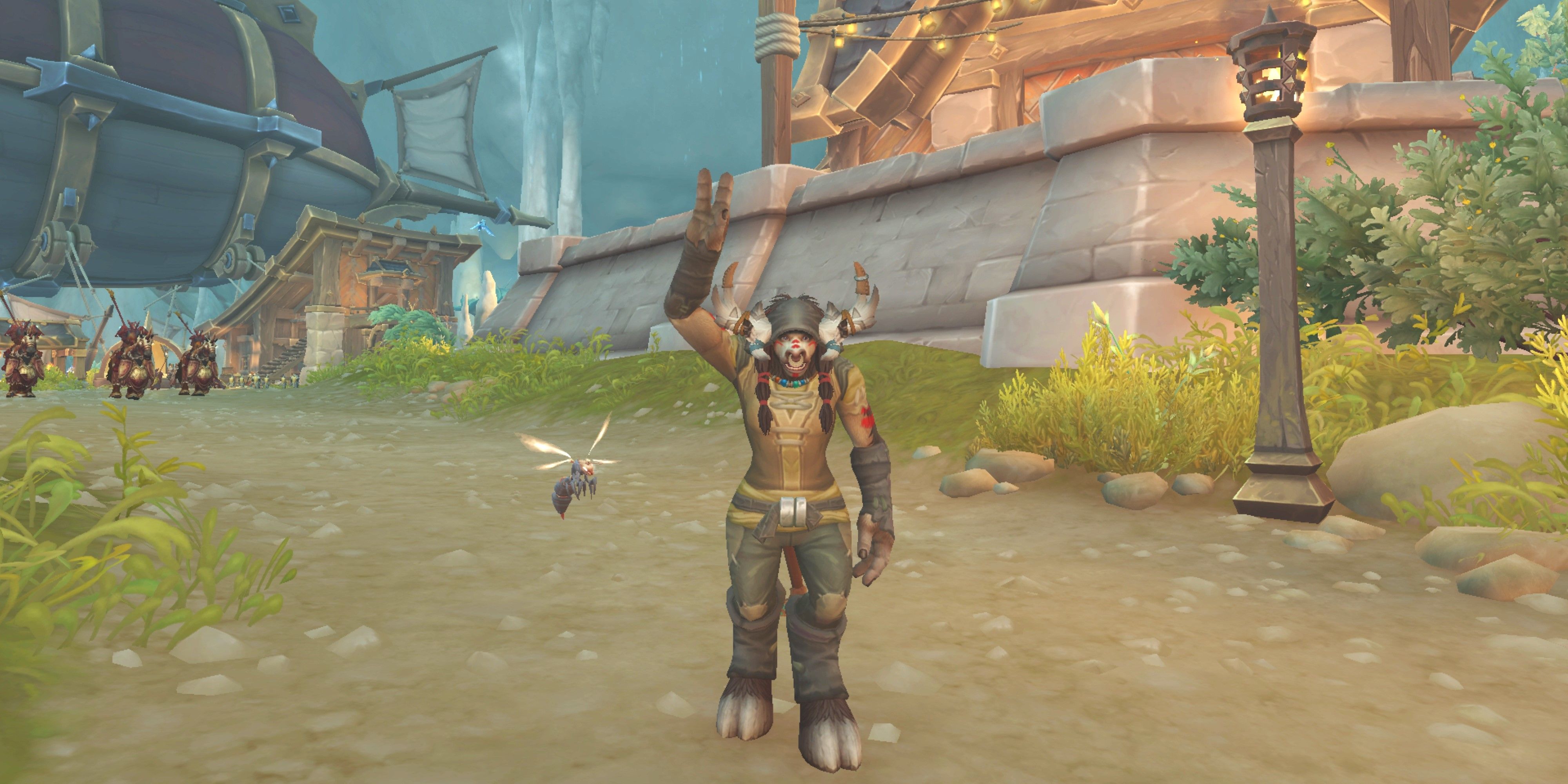 A highmountain tauren druid standing on a road in Hallowfall, wearing the Sandy Quotidian Wear outfit.