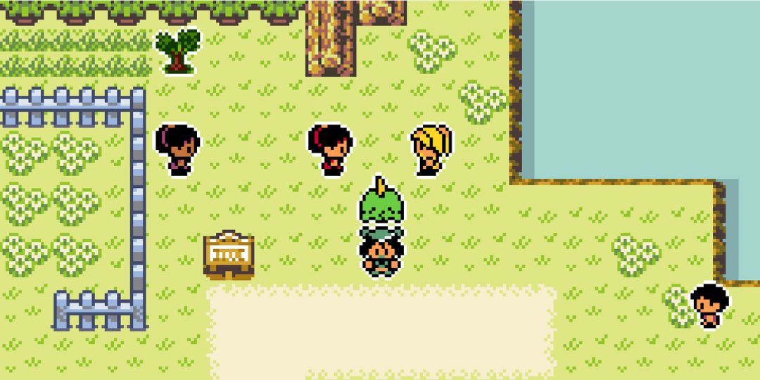 A Pokemon trainer stands with a Gulpin in a field in the romhack Pokemon Emerald Seaglass. The style is based on Gen II.
