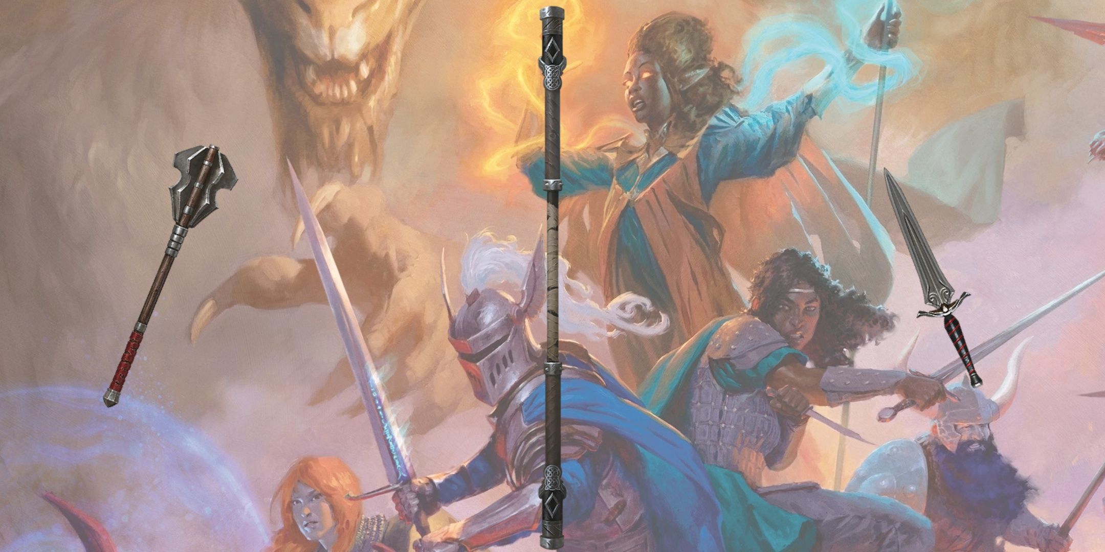 A mace, quarter staff, and dagger, displaying Simple Weapons from D&D.