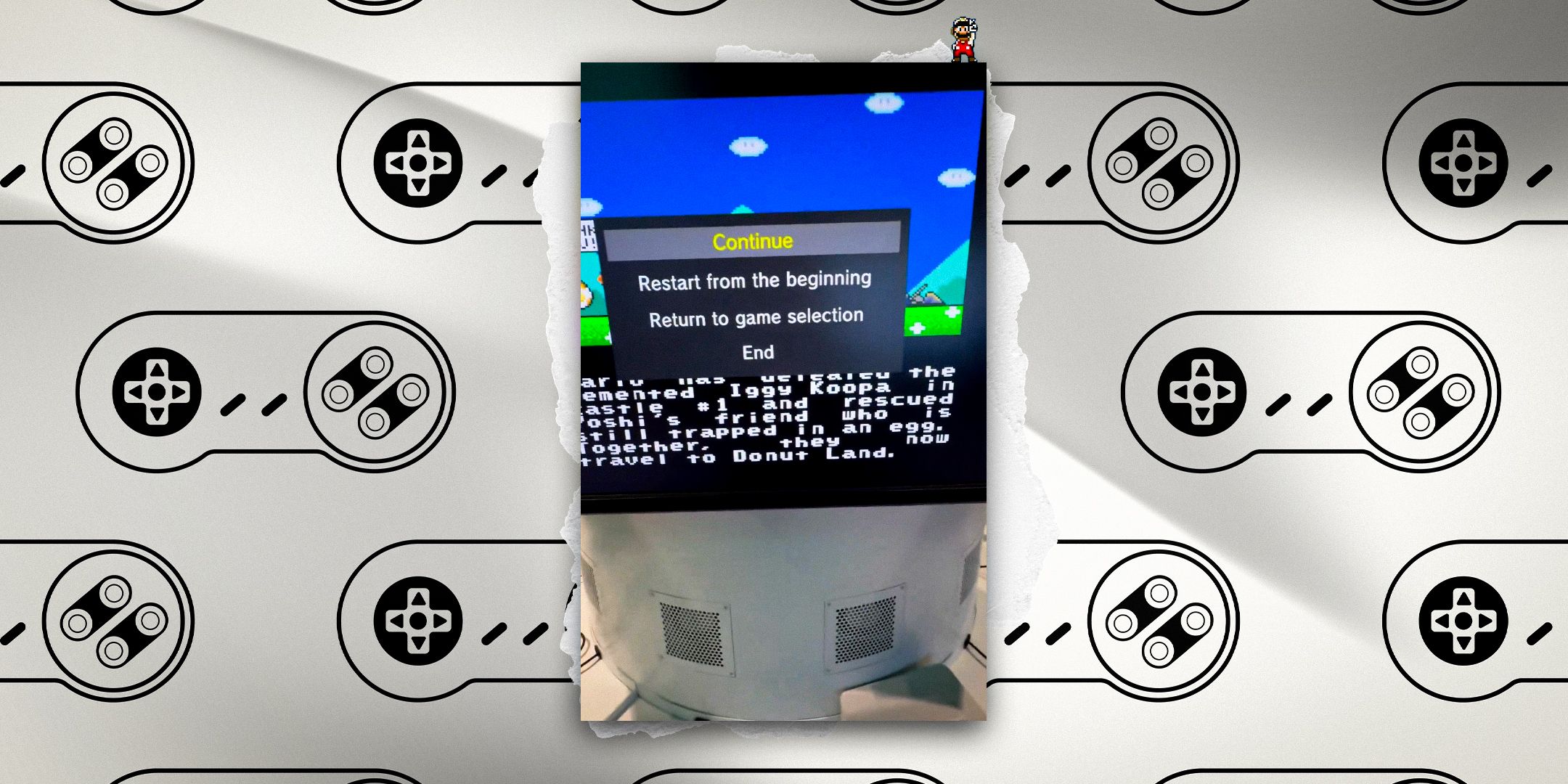 A collage showing a shot from Super Mario World at the Nintendo Museum