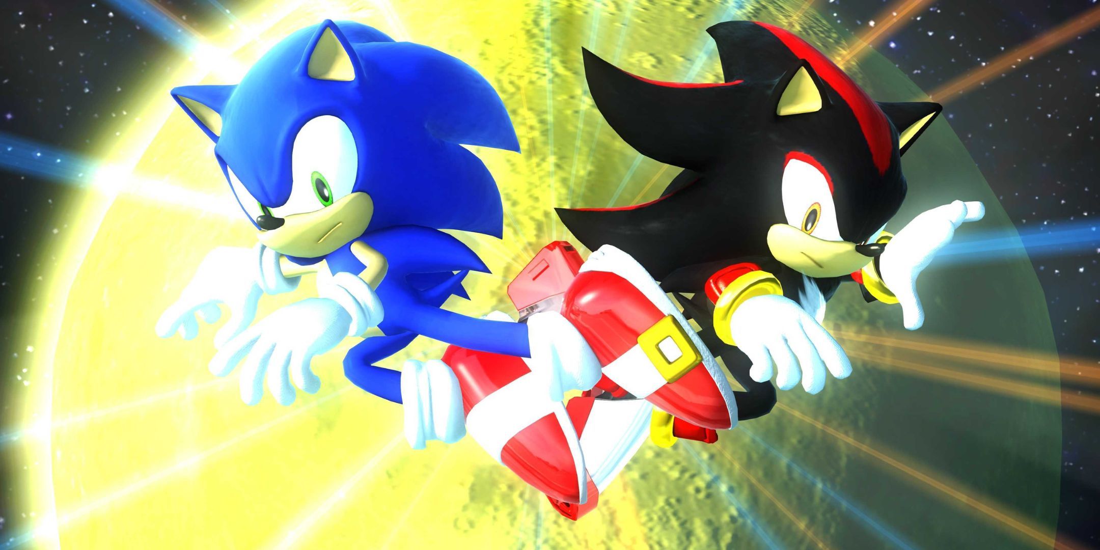 Sonic and Shadow jumpinh in the air, posing back to back in Sonic Generations. The moon takes up most of the background