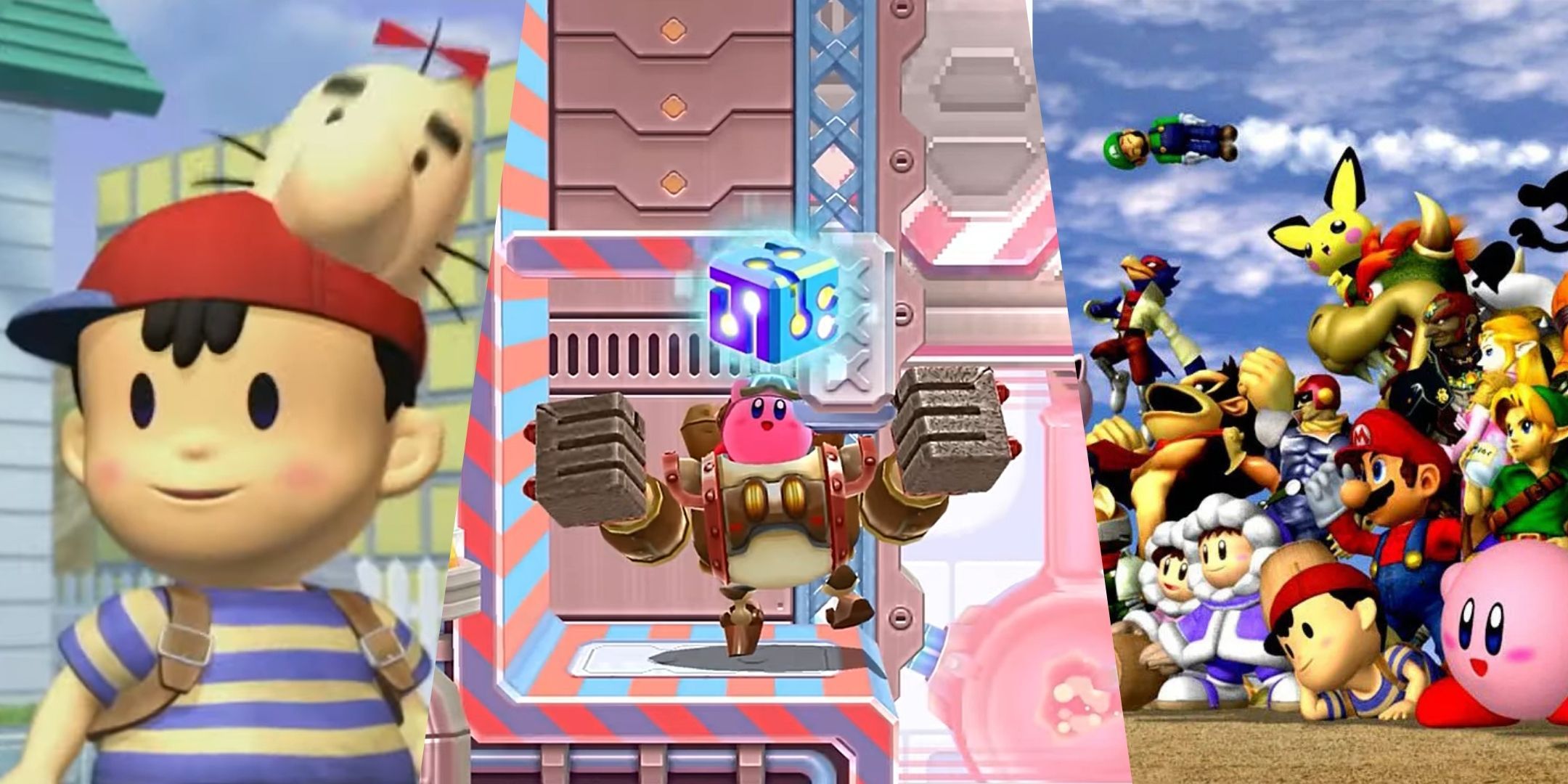 Split image featuring content from Super Smash Bros. Melee and Kirby Planet Robobot.