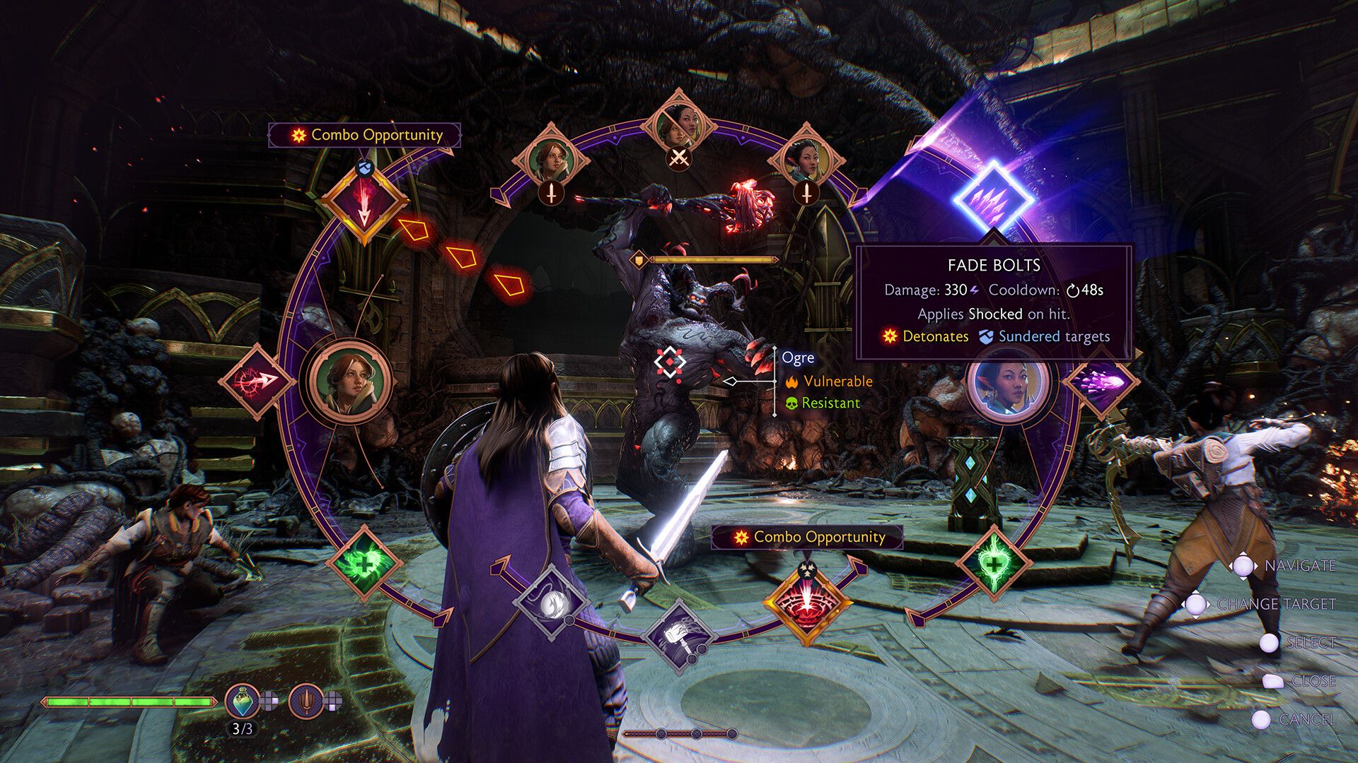 The player pauses the action and sorts through combat UI in Dragon Age: The Veilguard