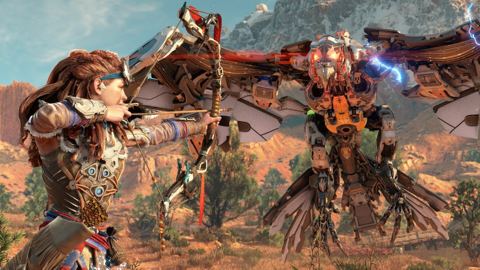 Aloy takes aim at a Glinthawk in Horizon Zero Dawn Remastered. 