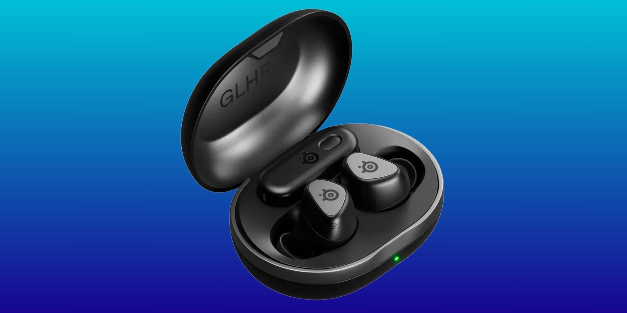 SteelSeries' Arctis GameBuds image in the foreground with a blue background.