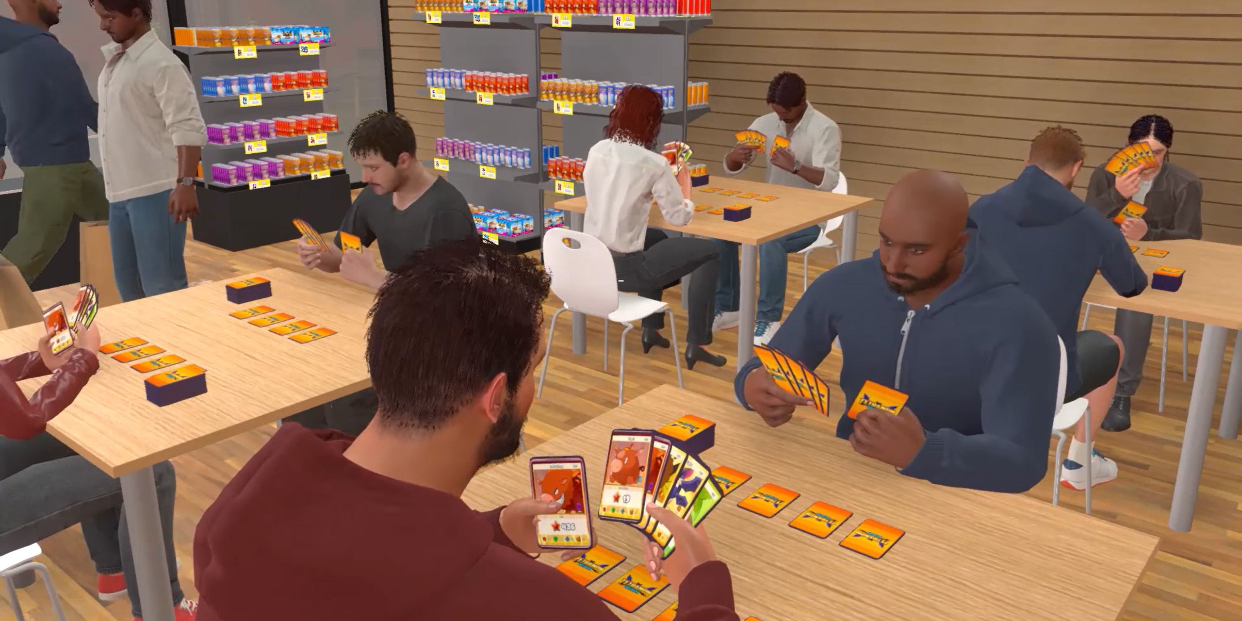 Eight people sit at tables and play cards from the TCG Card Shop Simulator.