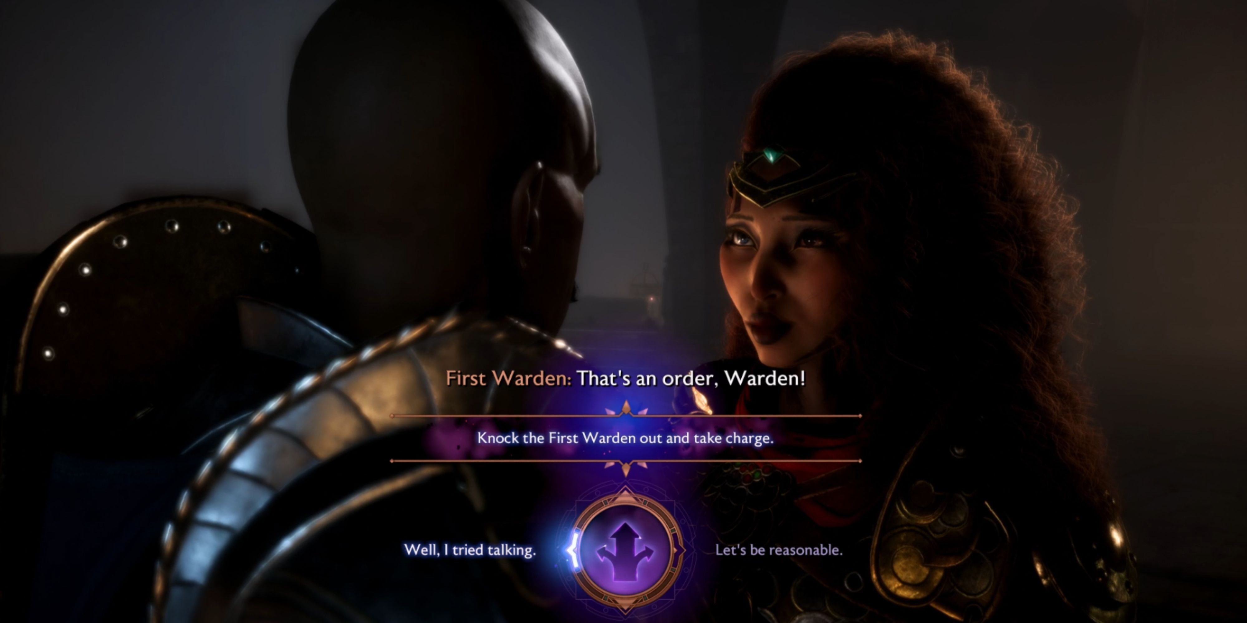 The Rook chooses whether to Punch or Convince The First Warden in Dragon Age The Veilguard-1