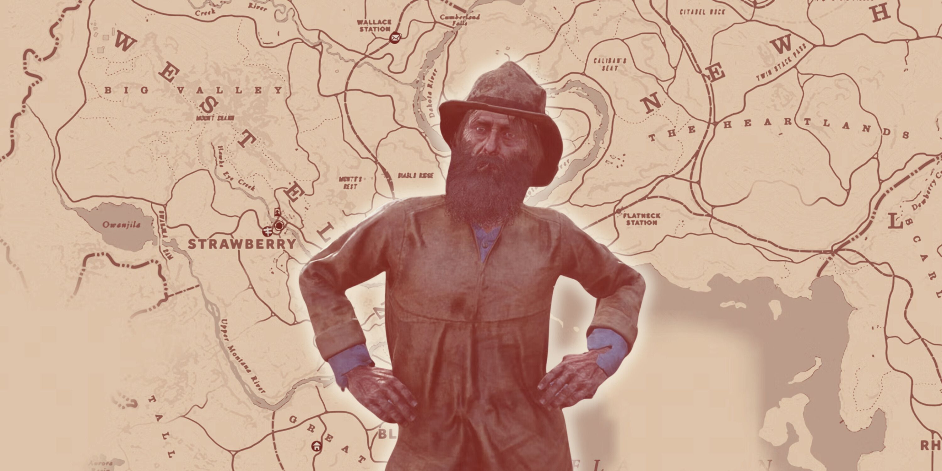 Trapper in front of a map image from Red Dead Redemption 2