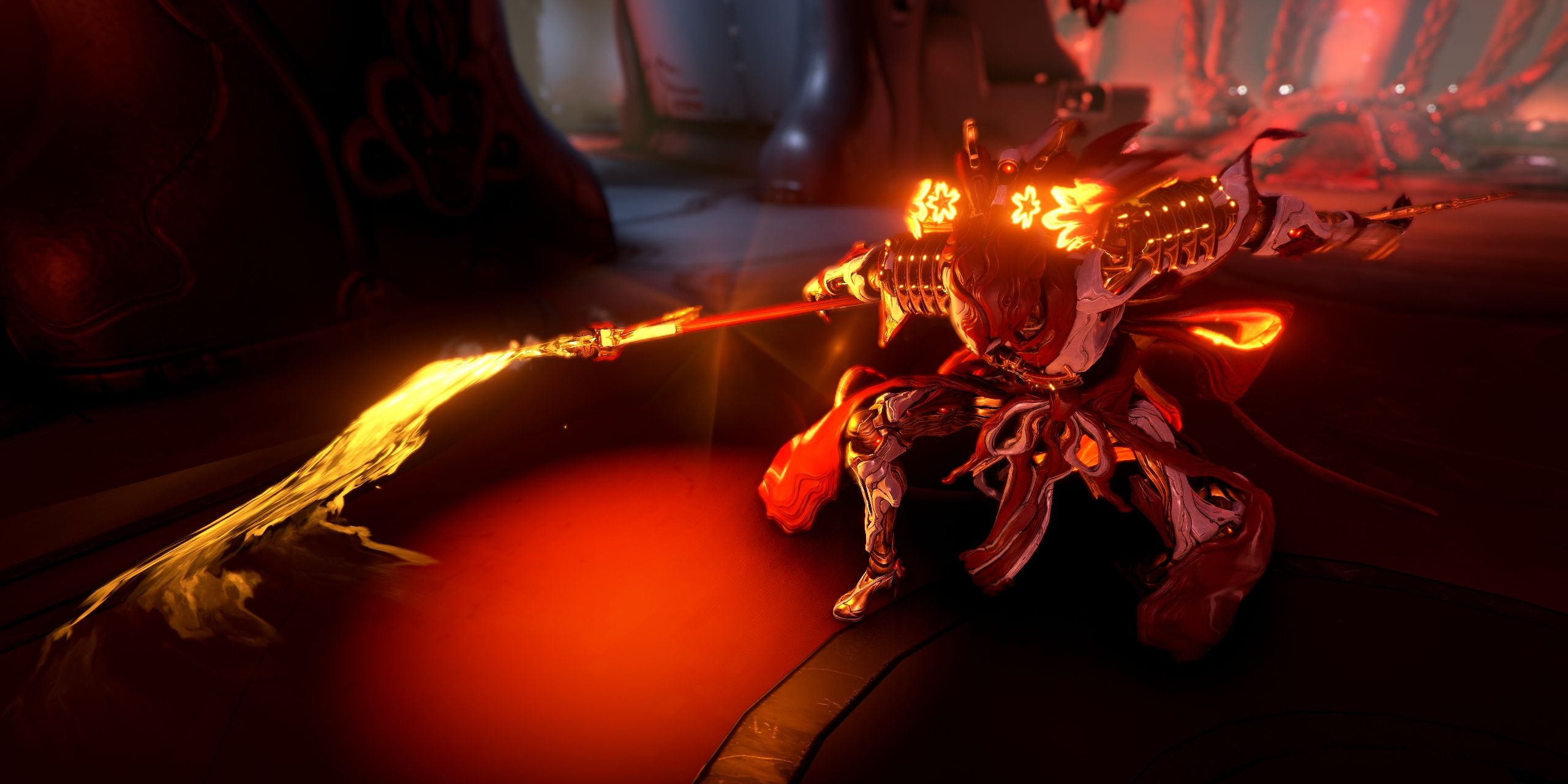 Koumei wielding the Amanata polearm in Warframe.