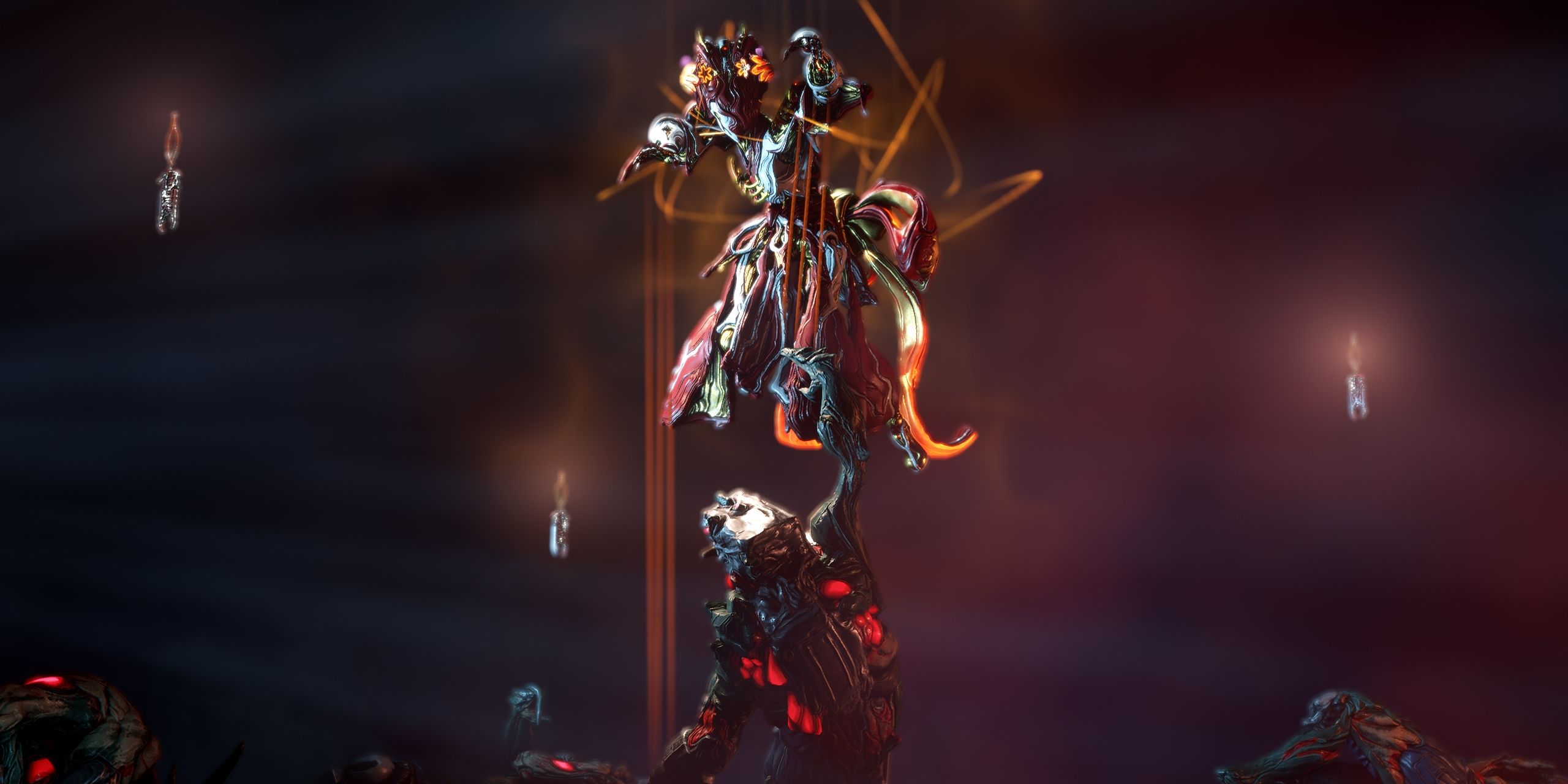 Koumei looming over an enemy in Warframe.