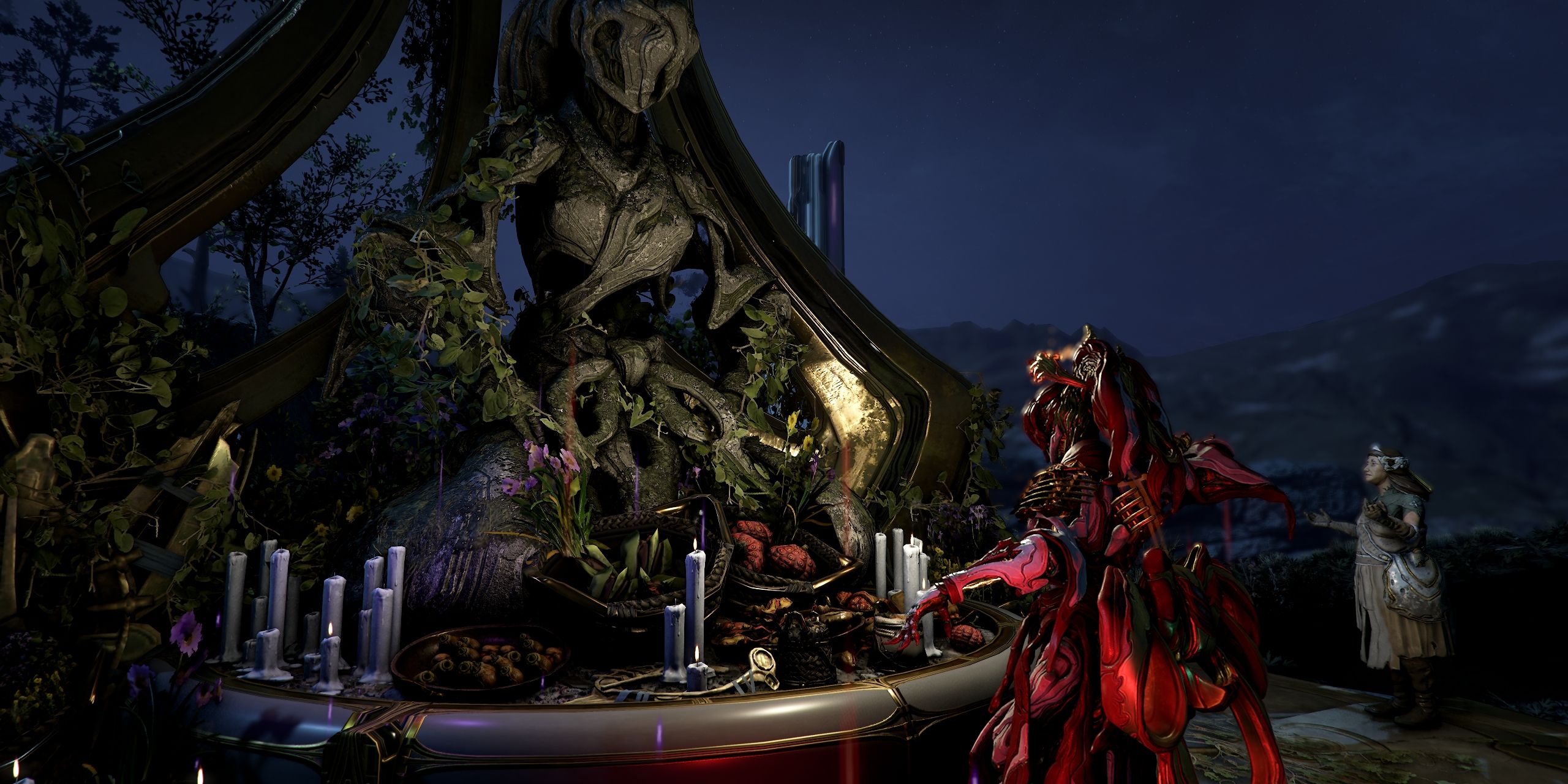 Koumei praying on her Shrine in Warframe.