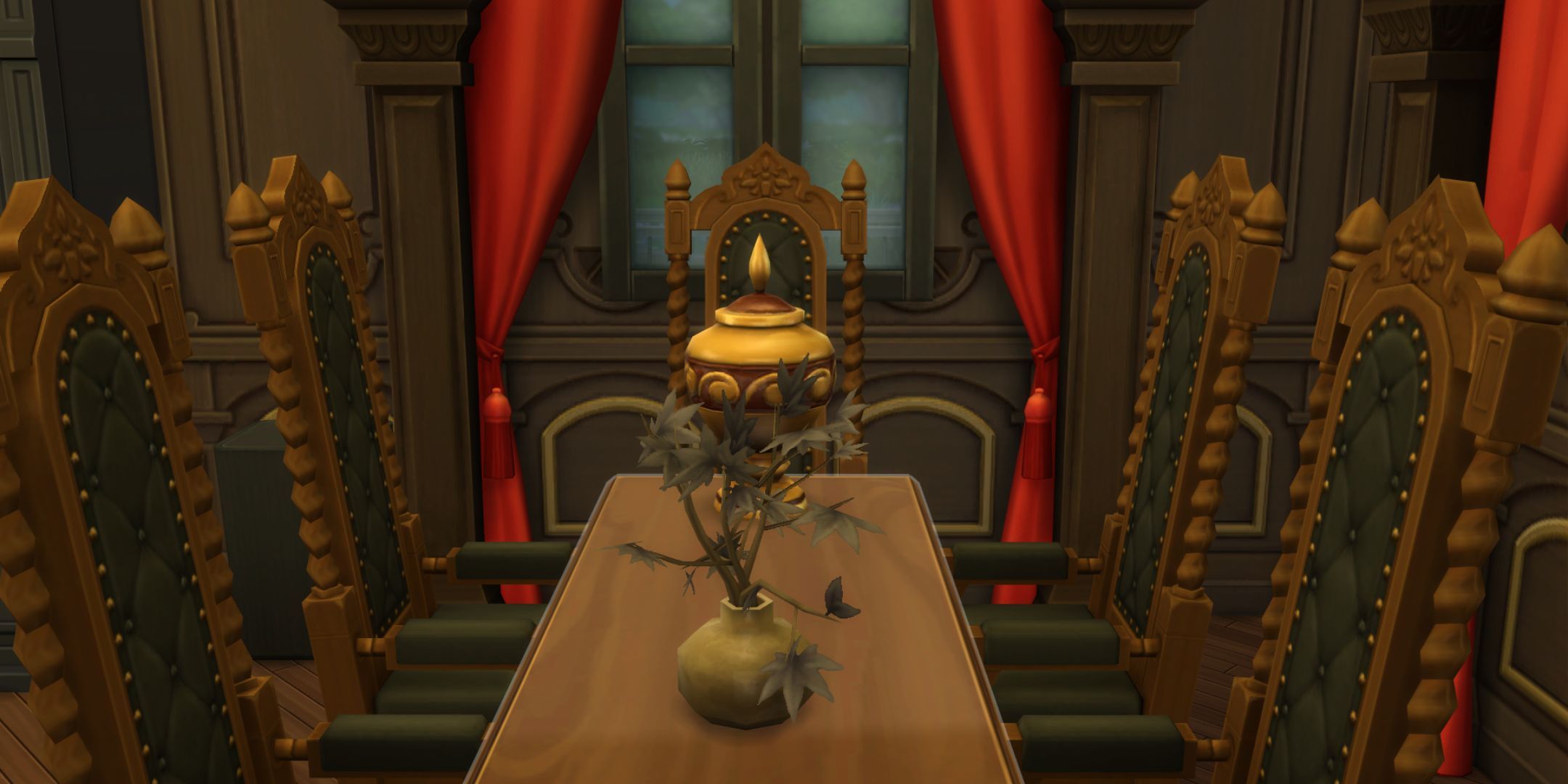 An urn sits on a table with a plant in front of it in The Sims 4.