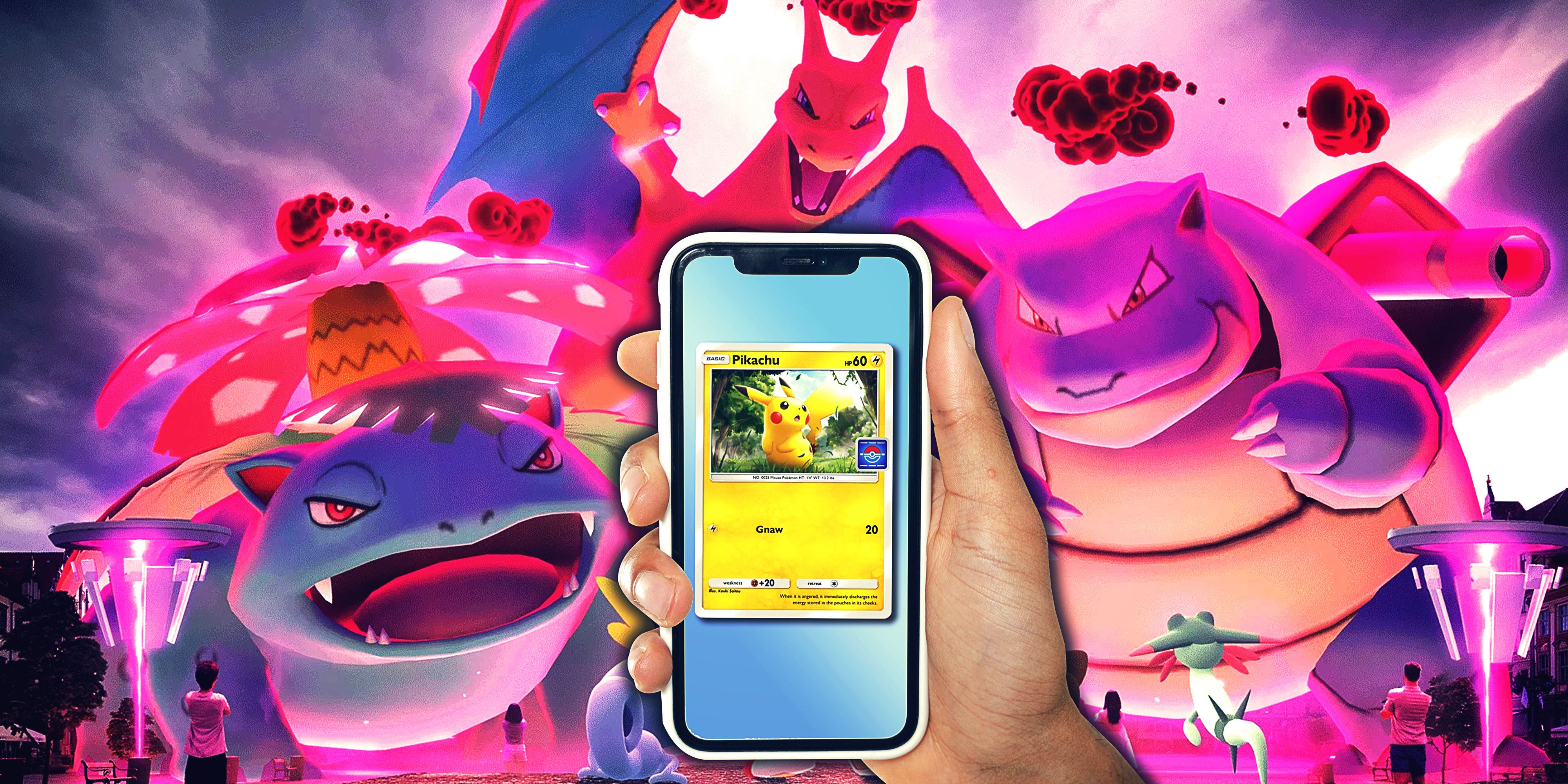 Pokemon TCG Pocket on a phone in front of Pokemon Go loading screen