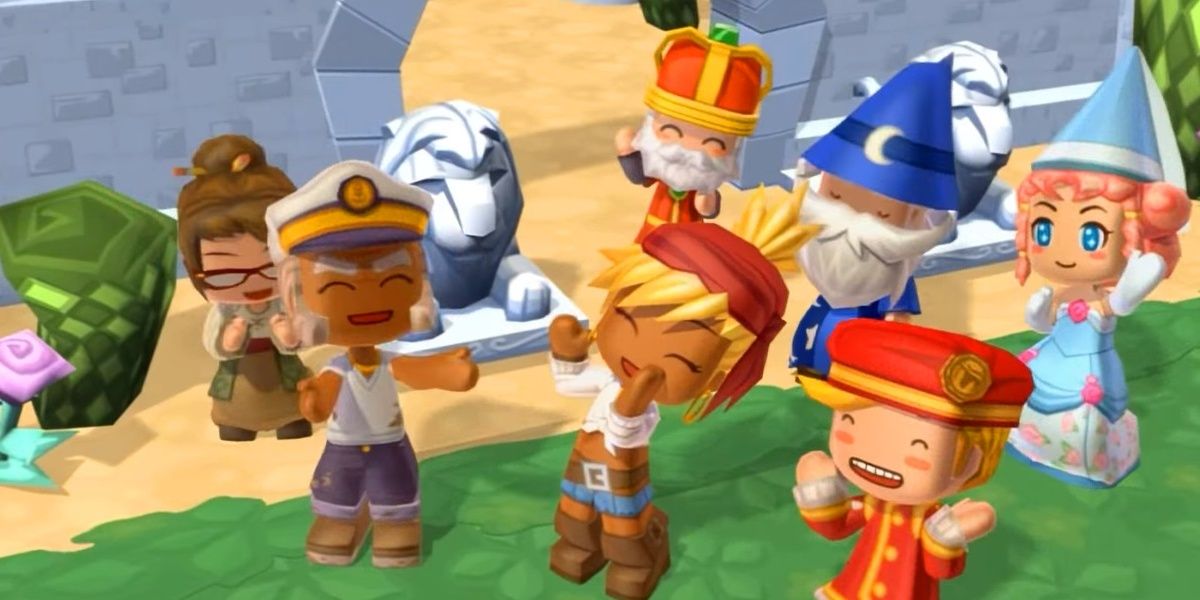 Image of Barney, Buddy, Lindsay, King Ronald, Princess Butter, Merlin, And Elmira dancing together from MySims: Kingdom.