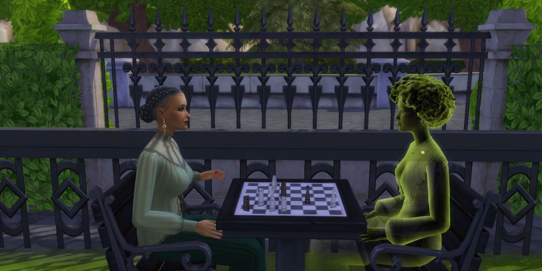 Olive Specter and Lady Ravendancer Goth talk over chess.