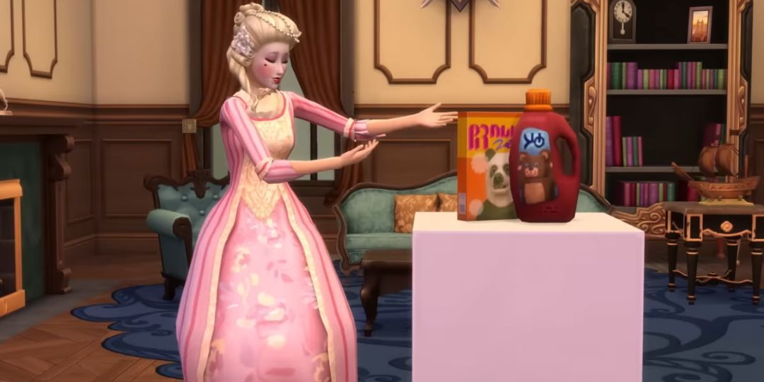 A female Sim in a Rococo dress acts for a laundry detergent commercial.