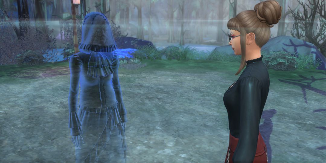 Alice, a ghost woman, talks to a female Sim.