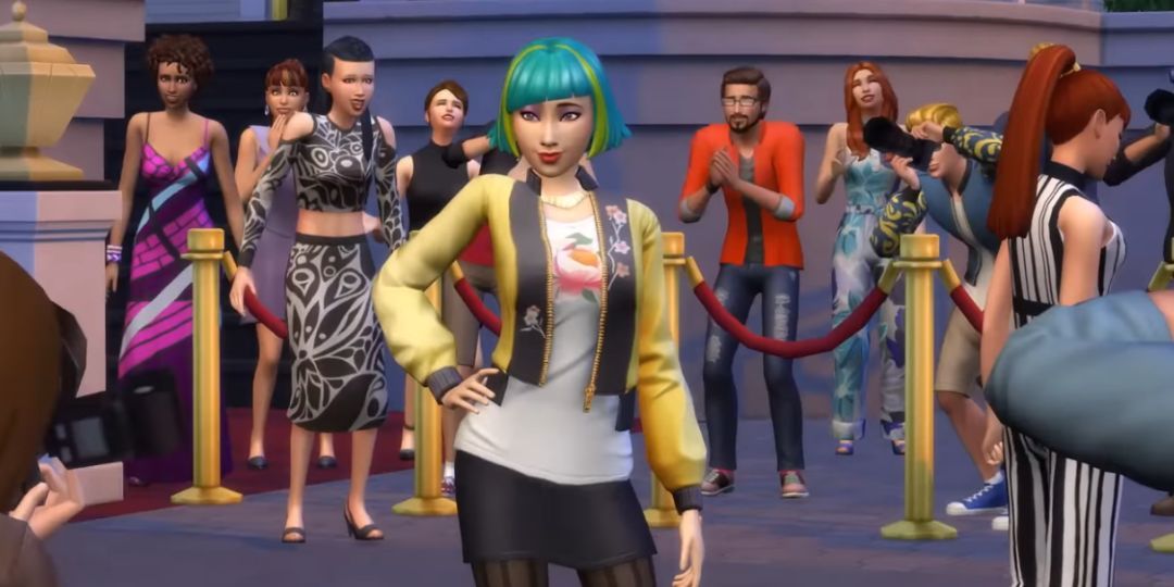 A female Sim poses at a meet and greet.