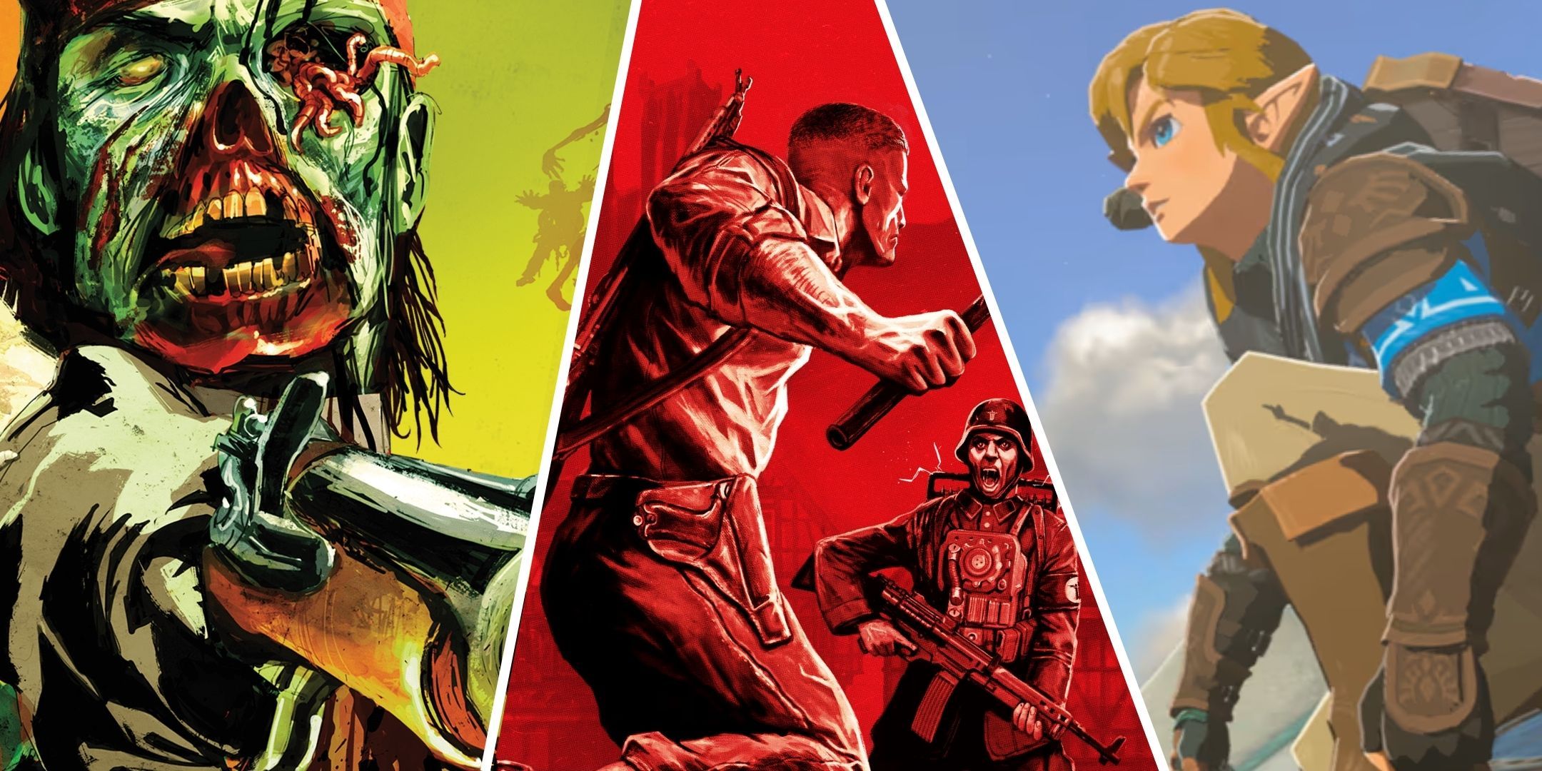 A collage of Red Dead Redemption's Zombie DLC, Wolfenstein art, and Link from Tears of the Kingdom.