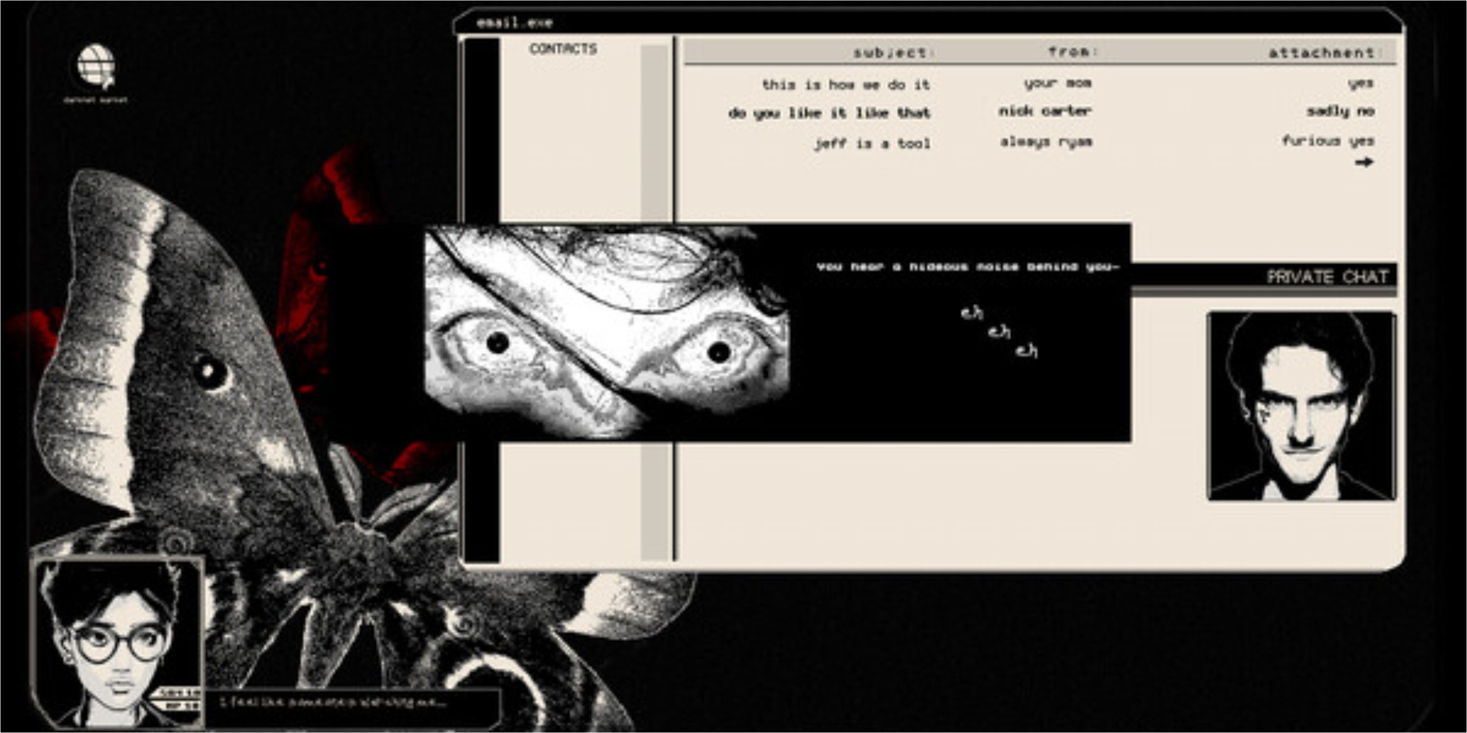 A black and white computer desktop with a large butterfly and unsettling eyes in the center in darkwebStreamer.