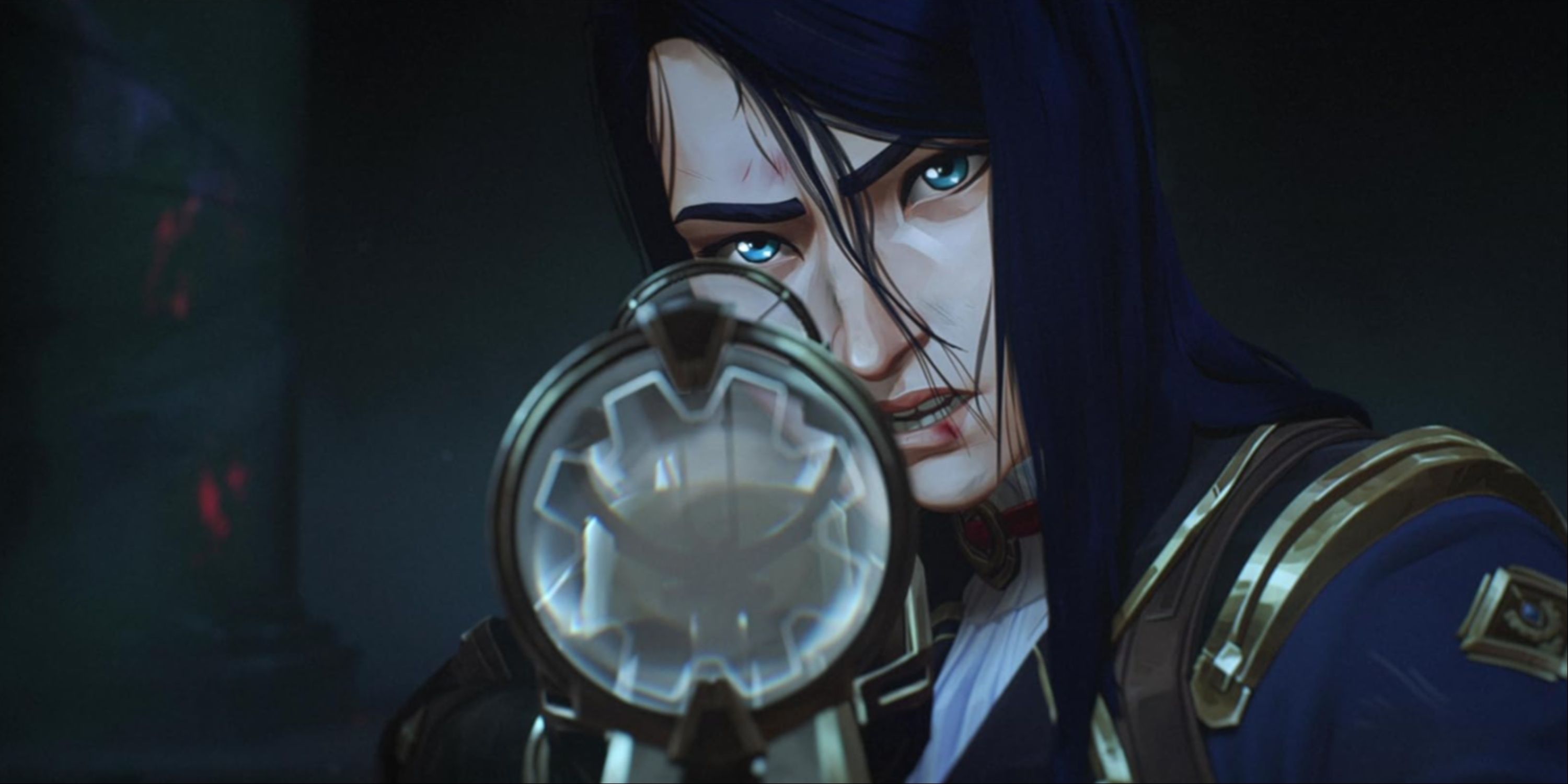 A close-up of the character Caitlyn in the Netflix series Arcane, looking down a scope.