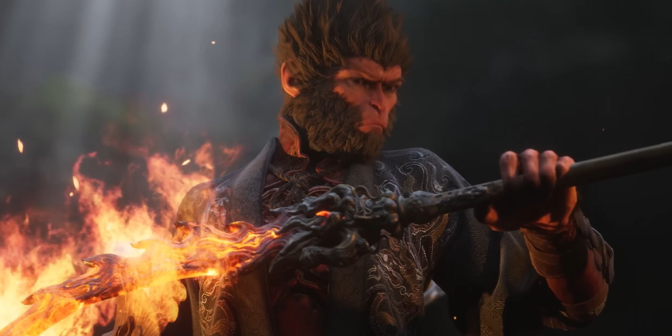 A monkey man holding out a spear that's on fire in Black Myth_ Wukong