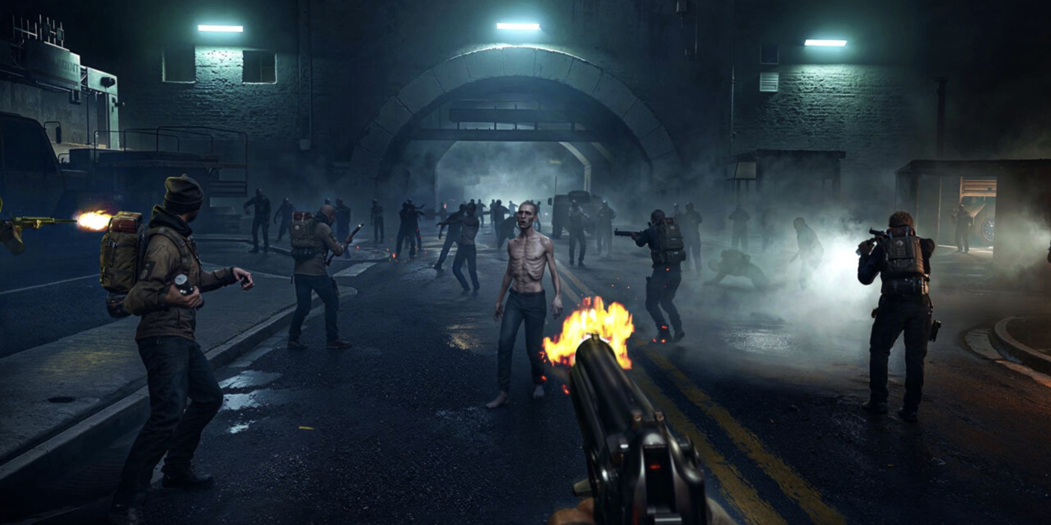 A promotional image of players fighting against zombies in No More Room In Hell 2.