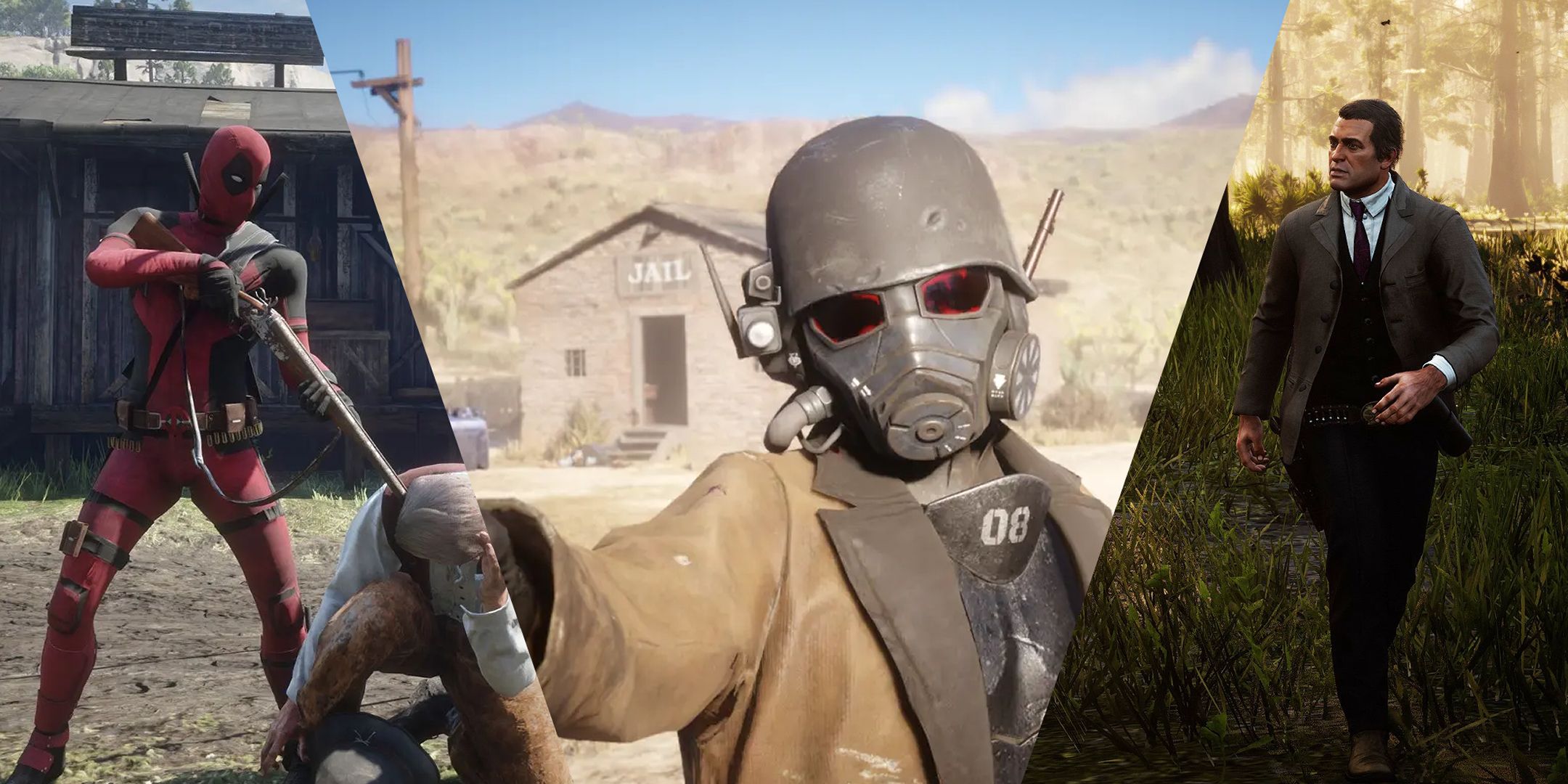 A Split Image Depicting Red Dead Redmption 2 Mods Deadpool, NCR, And Boutique