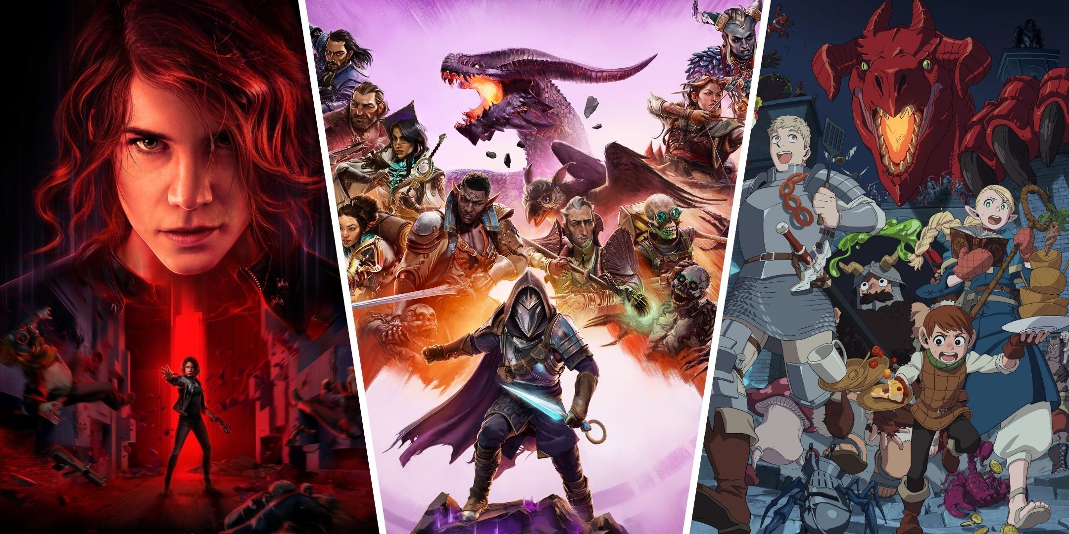 A split image featuring key art from Control, Dragon Age: The Veilguard, and Delicious in Dungeon.