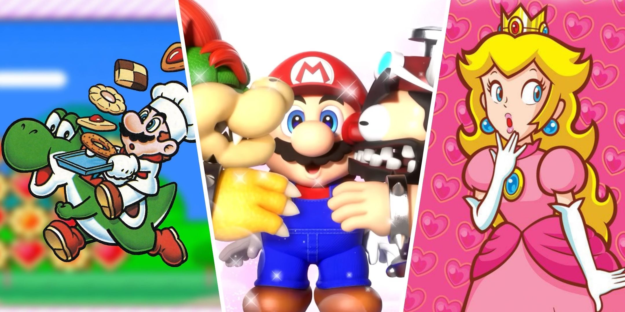 A split image of artwork from Yoshi's Cookie, Mario getting kissed by Bowser and Booster in Super Mario RPG, and Princess Peach looking surprised in artwork from Super Princess Peach.