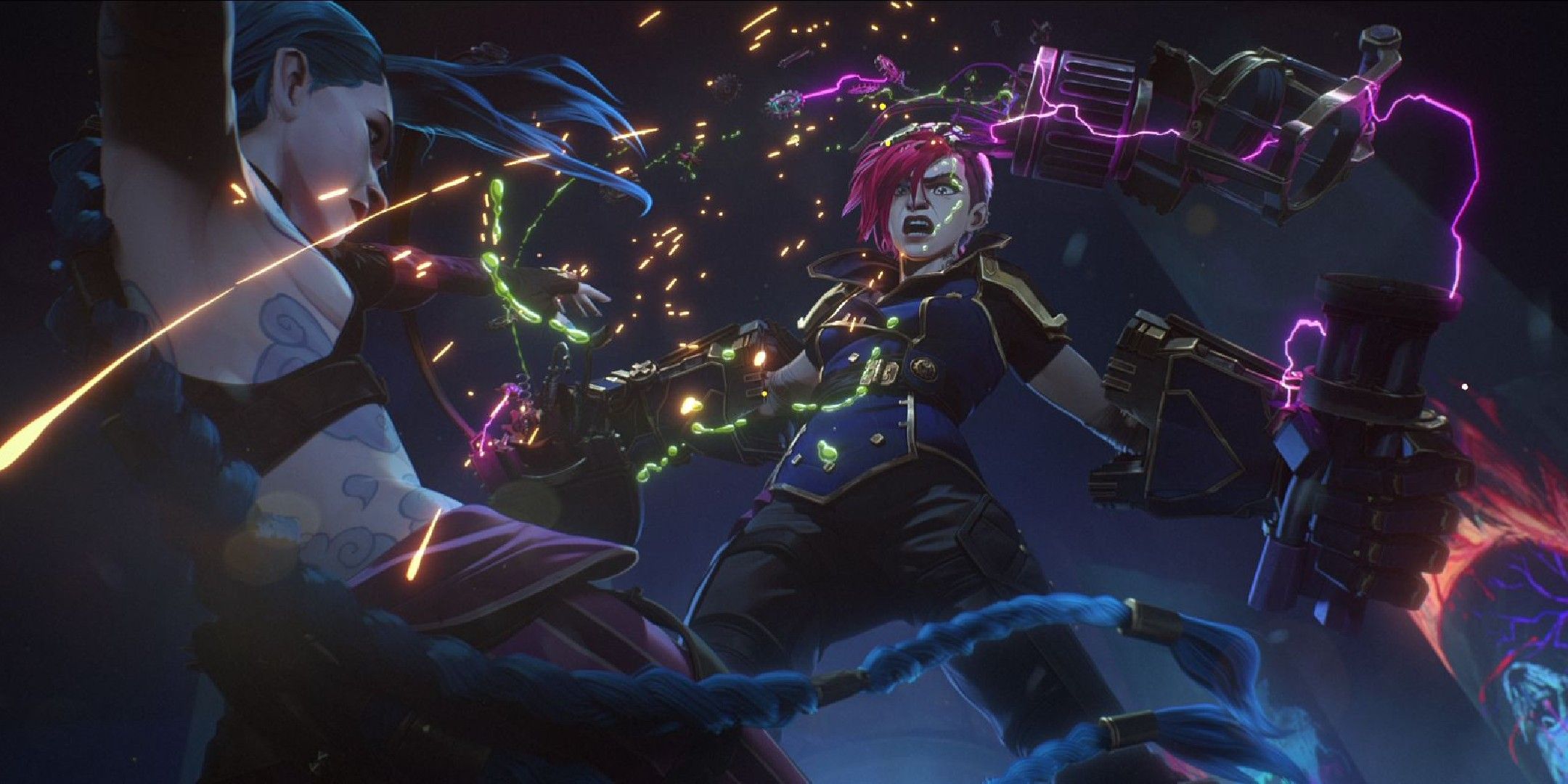 Arcane image showing Vi destroying Jinx weapon.