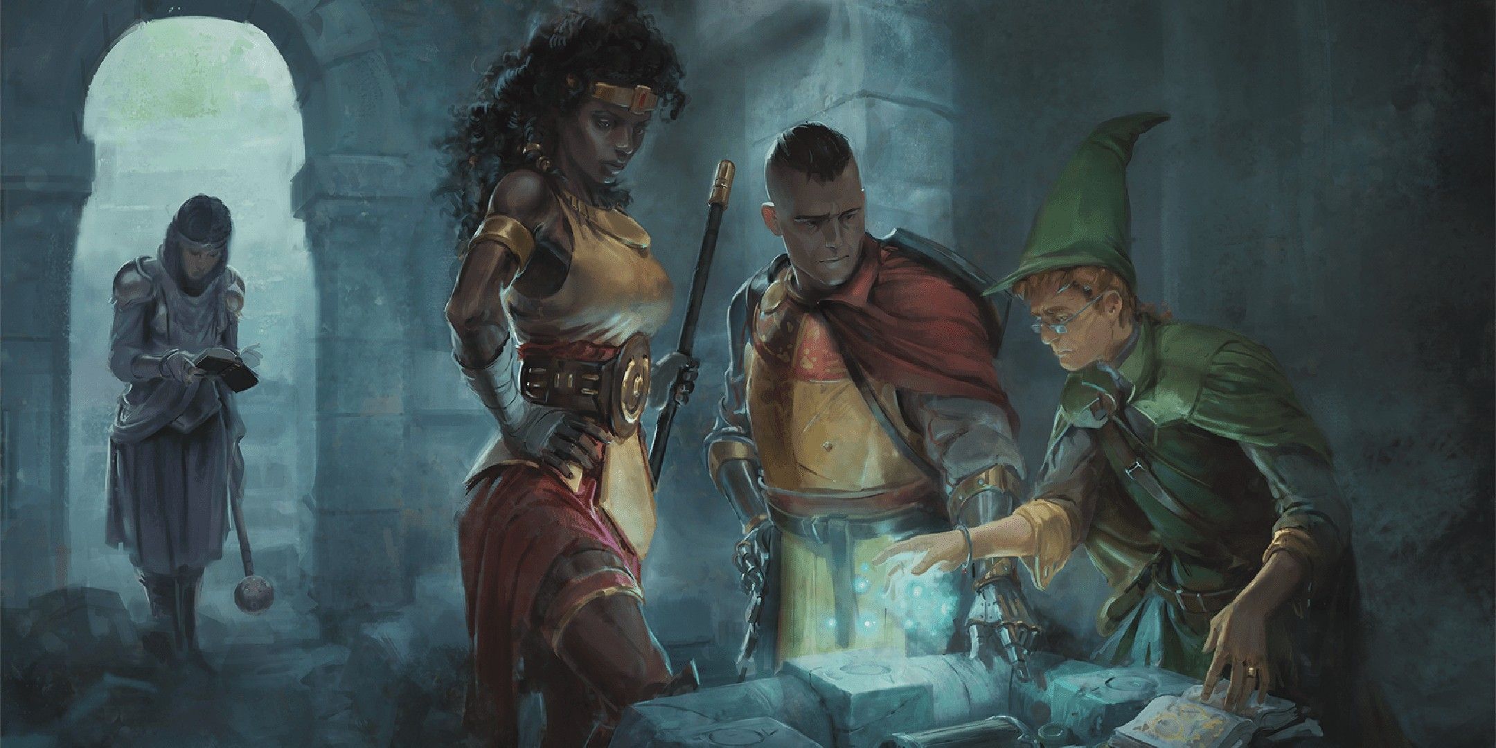 Dungeons & Dragons image showing a group of adventurers figuring out a spell.