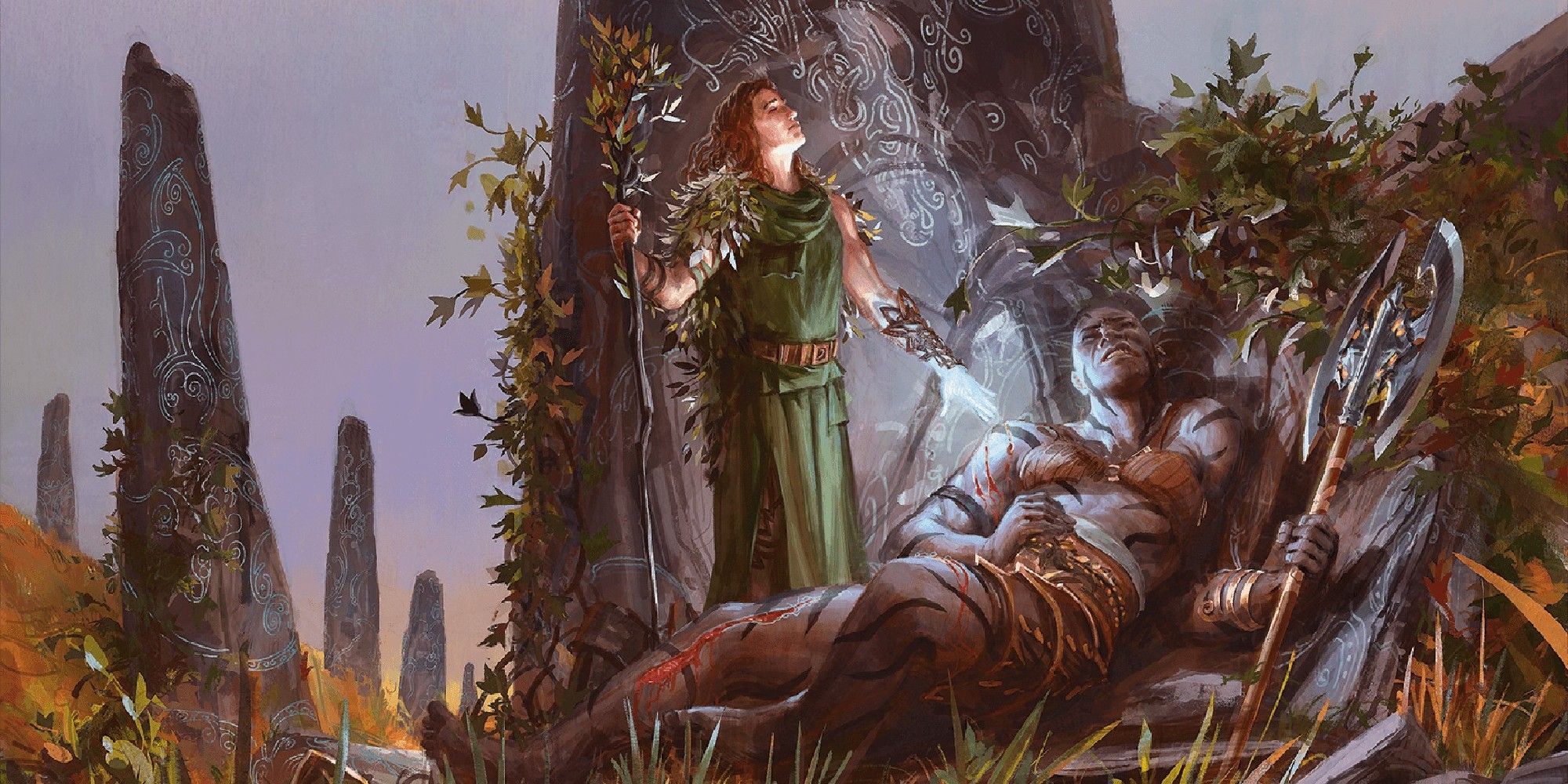 Dungeons & Dragons image showing a druid healing a barbarian.