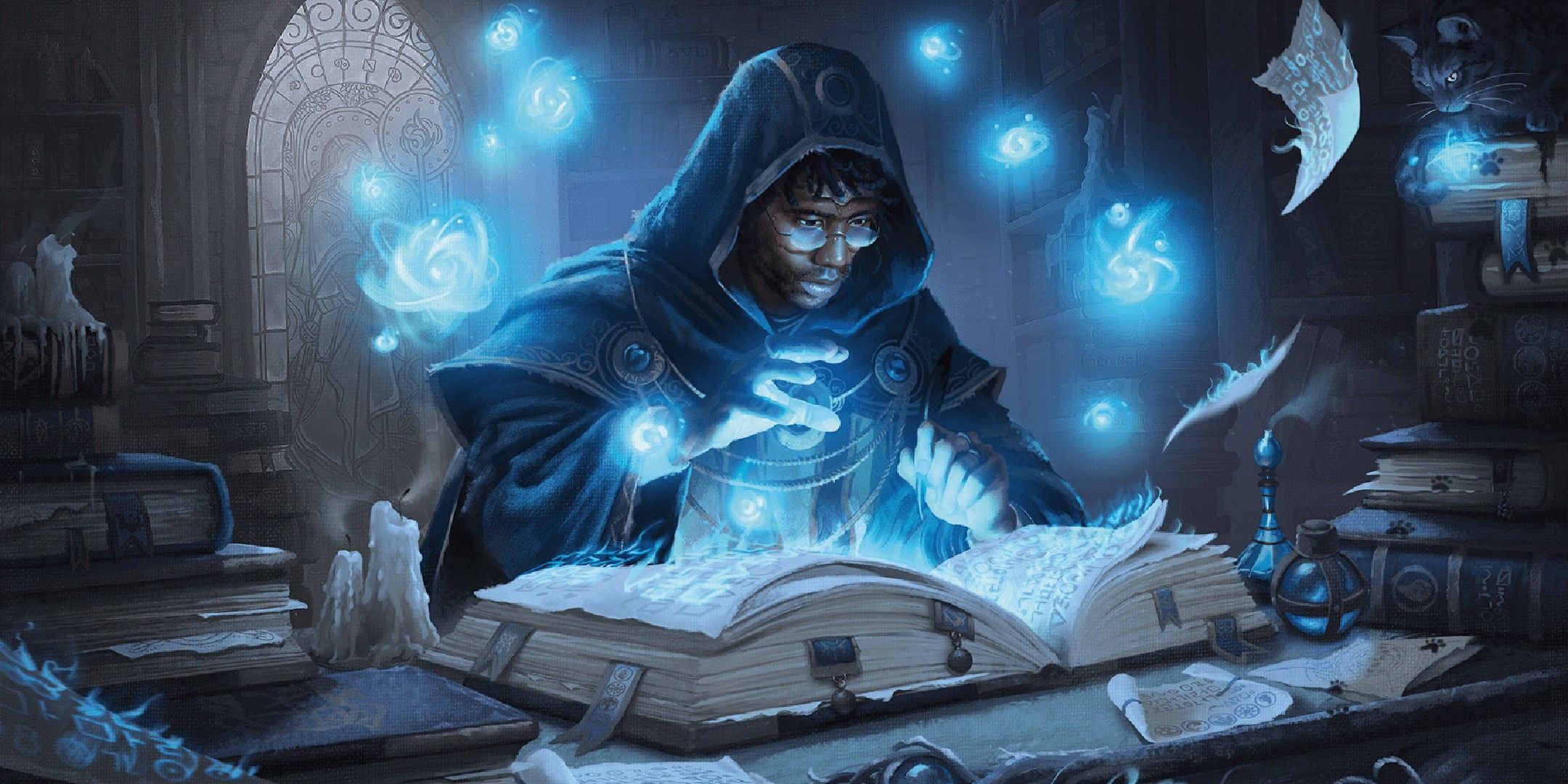 Dungeons & Dragons image showing a wizard over a book of spells.