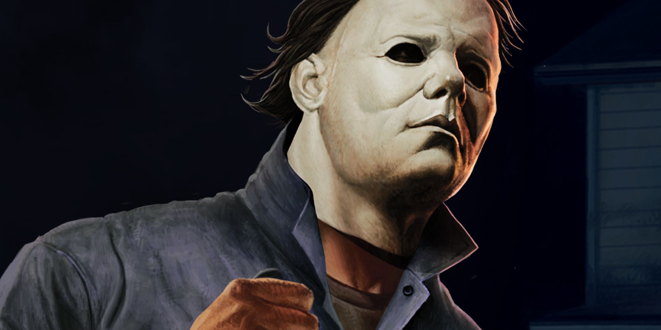 Artwork from RetroRealms of Halloween's Michael Myers at night outside of a house.