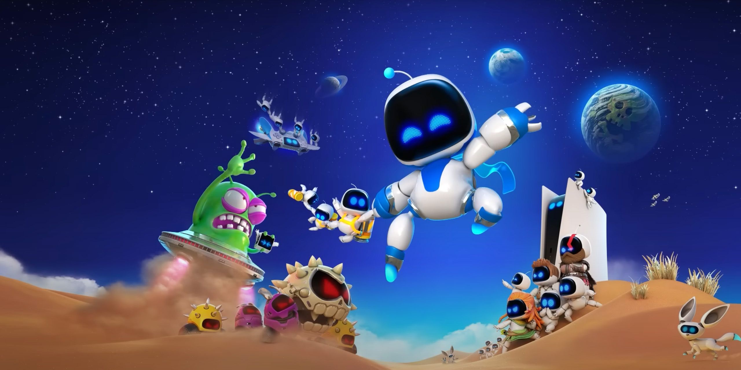 Astro Bot floating in space while surrounded by the supporting cast.