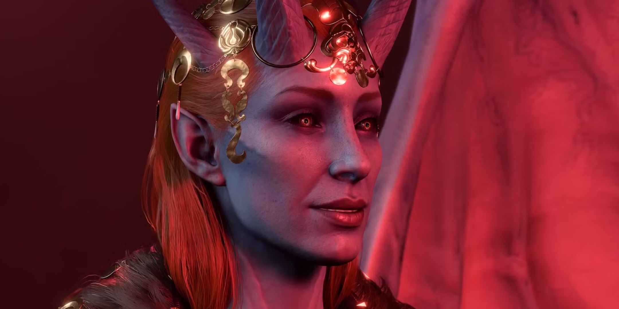 A close up of Mizora bathed in red from Baldur's Gate 3