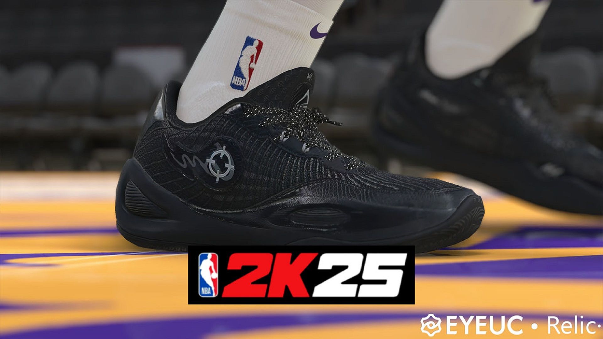 Black shoes on a yellow and purple court in NBA 2K25 mod.