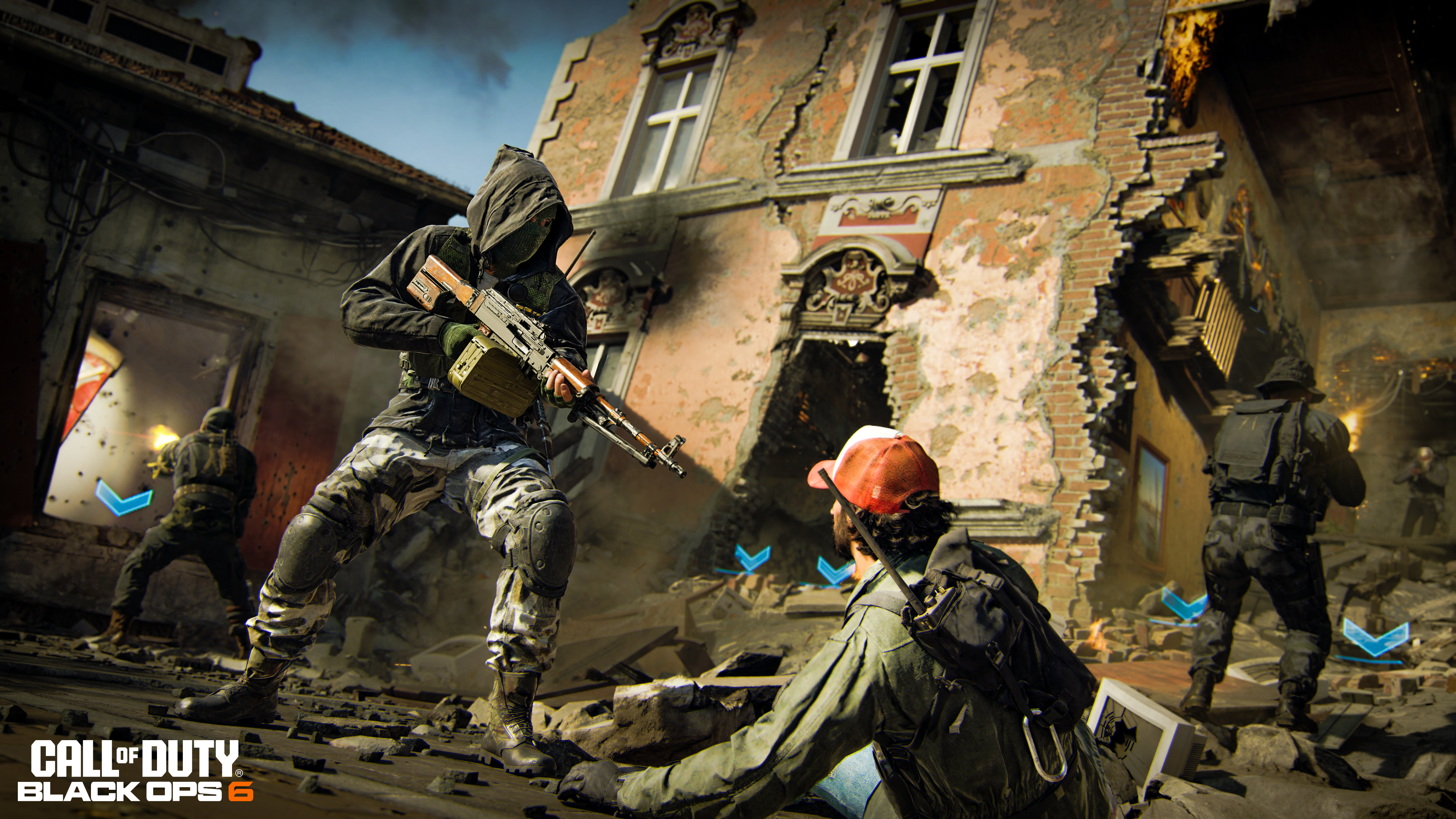 Operators secure an area while a wounded enemy glares at Stone holding an LMG in Call of Duty: Black Ops6