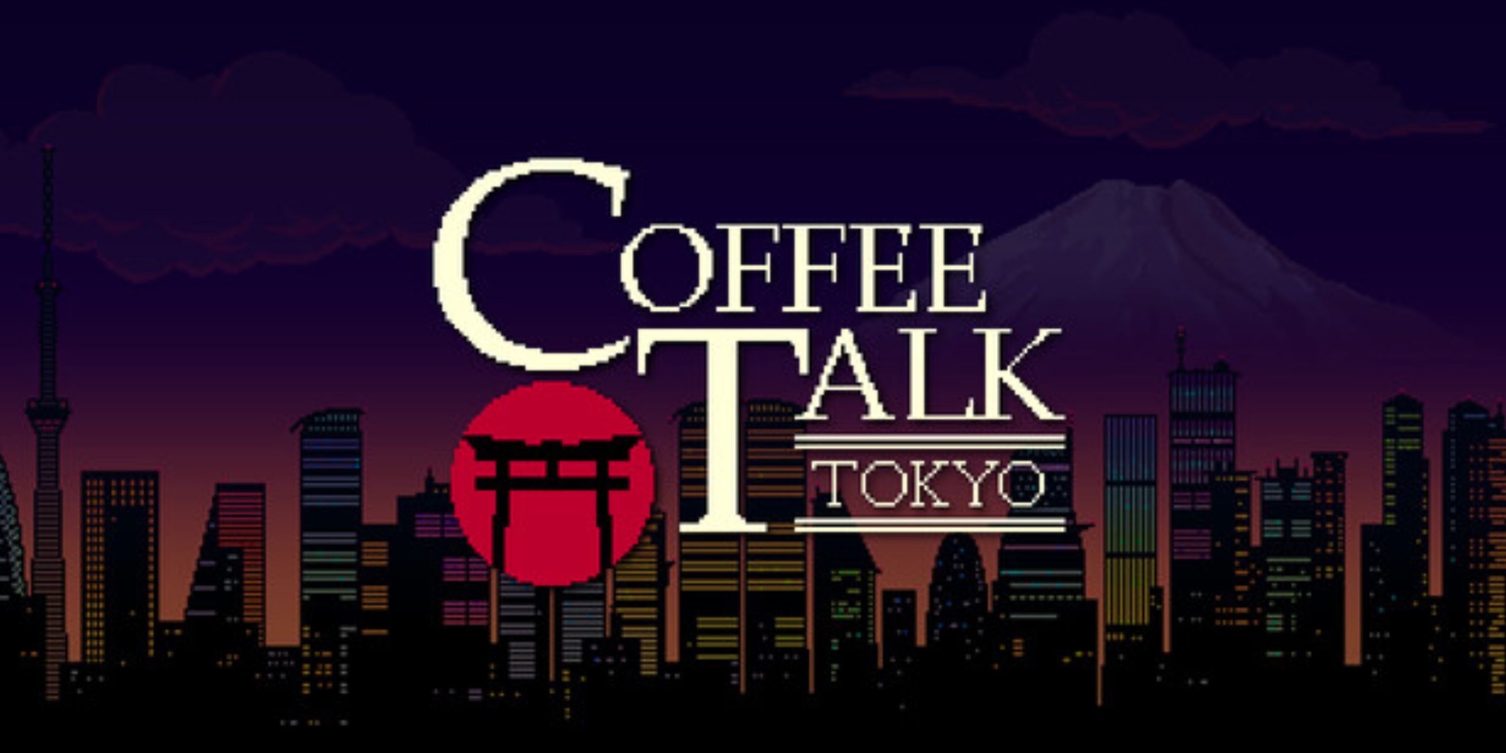 Coffee Talk Tokyo text in front of Tokyo city skyline at night.